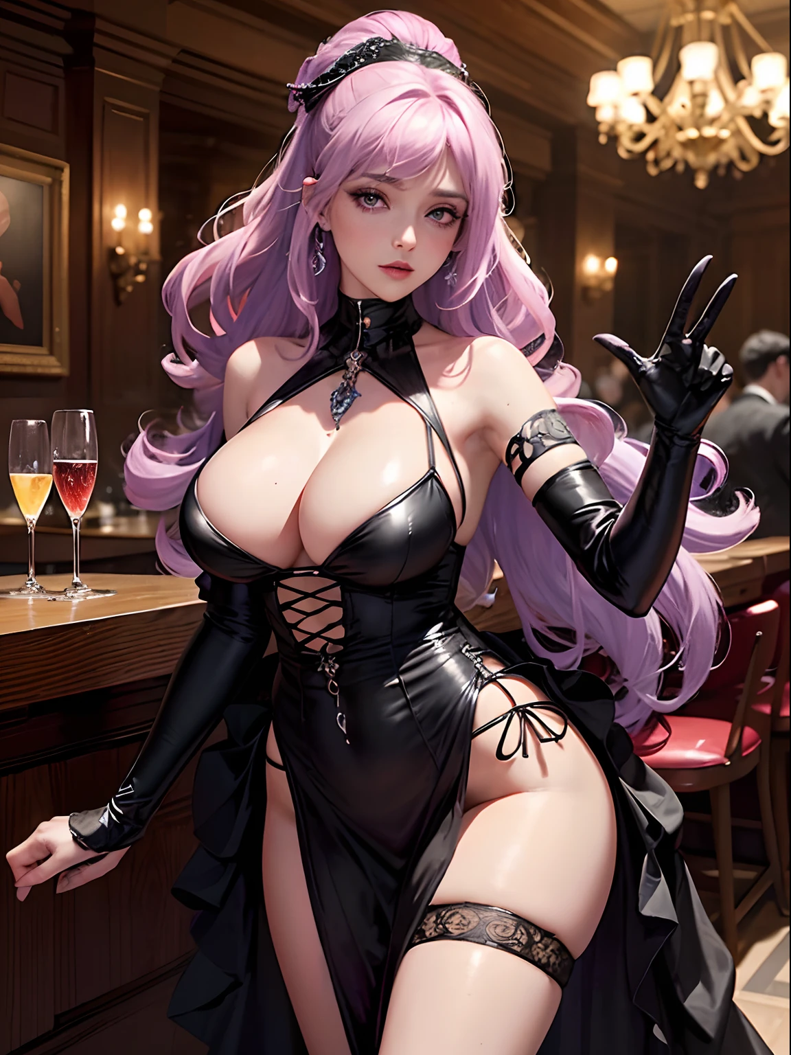 masterpiece, best quality, 1 girl, big curly hair, lilac hair, lilac eyes, detailed eyes, glowing eyes, medium breasts, in a restaurant, detailed scenery, black glove, slim belly, bad girl, sexy pose, pelvic_curtain dress, wearing a pelvic_curtain dress, multiple straps around the waist, jewelry, piercings, pelvic curtain dress, cleavage