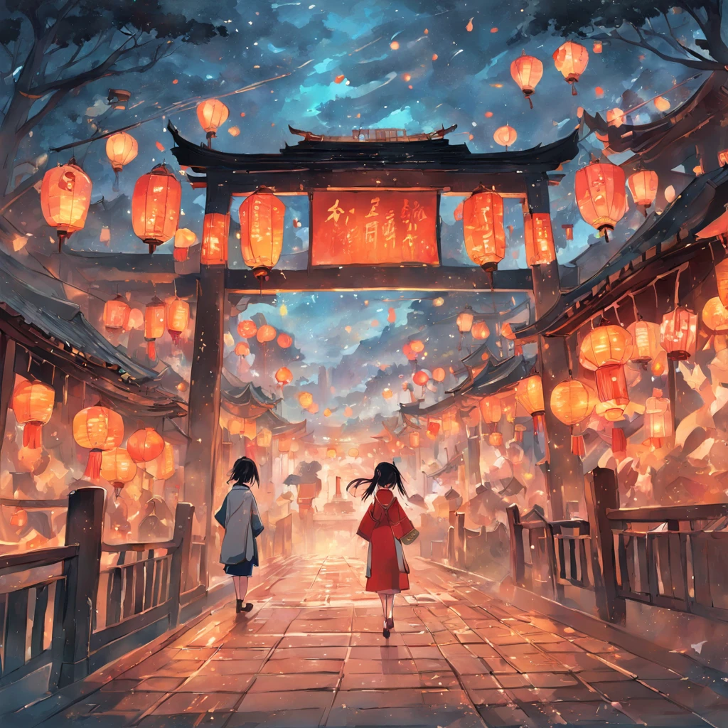 (Lantern meeting scene，In the center of the frame is the river，Flanked by lively vendors，Figures on both sides of the river bank look longing，Tanabata Que Bridge in red wood，Brilliant fireworks bloom in the air，There are two girls on the bridge standing opposite each other)，(Chinese illustration:1.3，paper art:1.3, Quilted paper art:1.2),( reasonable design, Clear lines, High sharpness,Best quality, Very detailed, Masterpiece, movie light effect, 4K )