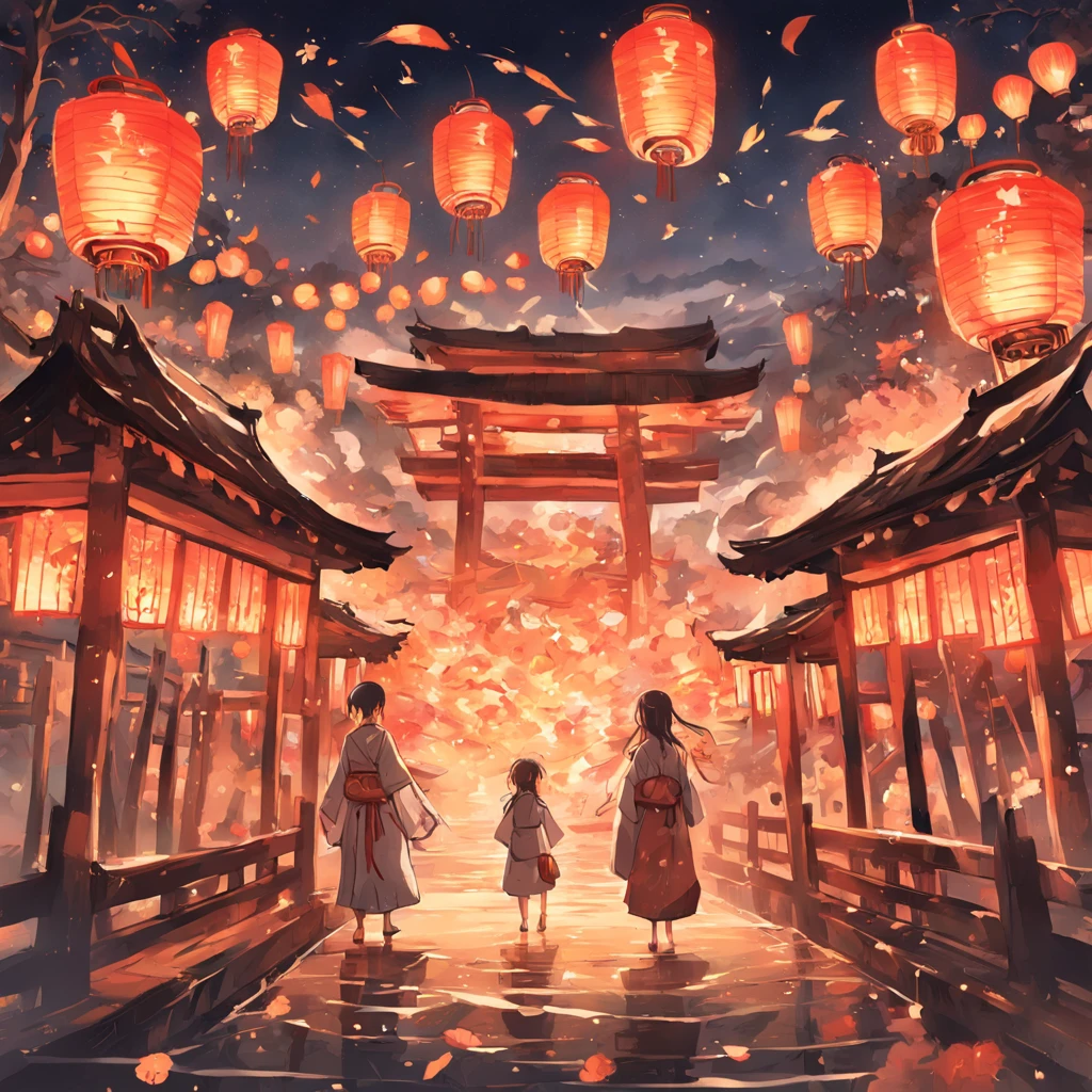 (Lantern meeting scene,In the center of the frame is the river,Flanked by lively vendors,Figures on both sides of the river bank look longing,Tanabata Que Bridge in red wood,Brilliant fireworks bloom in the air,There are two girls on the bridge standing opposite each other),(Chinese illustration:1.3,paper art:1.3, Quilted paper art:1.2),( reasonable design, Clear lines, High sharpness,Best quality, Very detailed, Masterpiece, movie light effect, 4K )