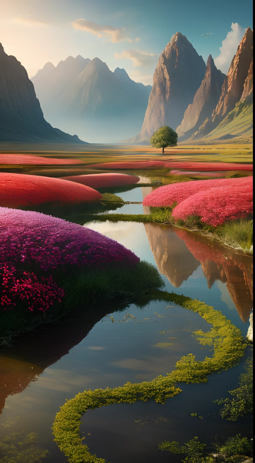 Masterpiece, Best quality, High quality, Extremely detailed Cg Unity 8K wallpaper,ecological landscape ,A valley forgotten by time,immensity,lisses,Natron Lake。,tamarind,Miniature,award winning photography, Bokeh, Depth of field, hdr, full bloom, color difference ,Photorealistic,Extremely detailed, trending on artstationh, trending on CGSociety, Intricate, High detail, Dramatic, art by midjourney