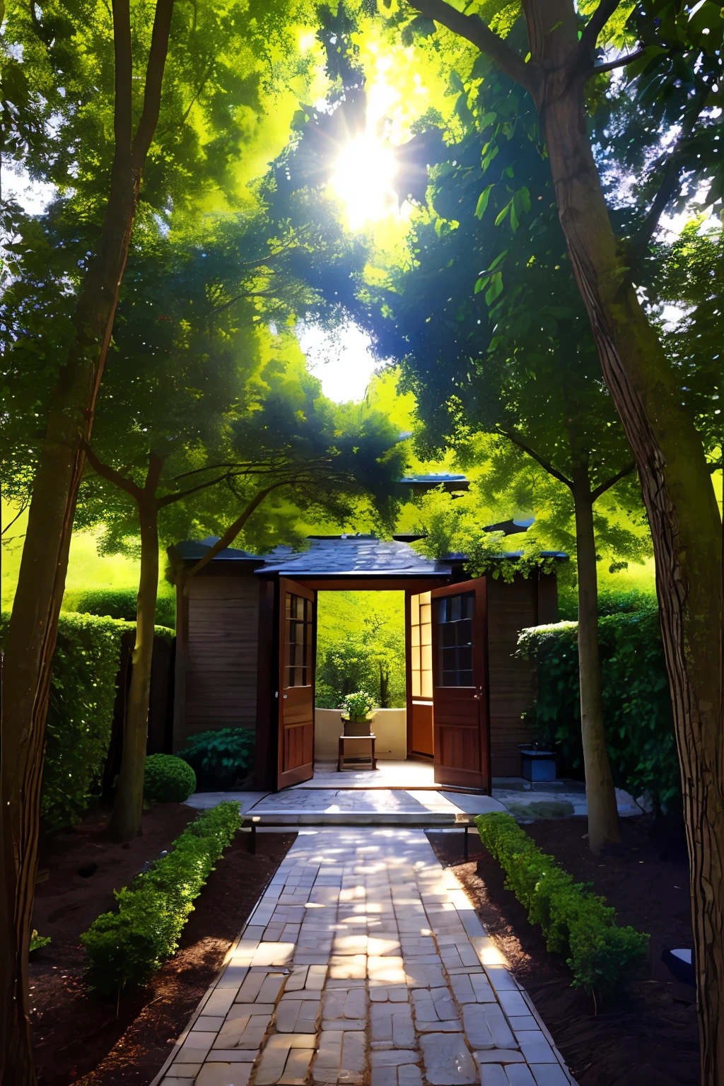 In the center of the picture is an open door,A path in front of the door leads to a peaceful garden。Two people stood hand in hand in the doorway,Sunlight poured in from behind the door,Warm and bright。In the garden,New shoots grow in the canopy,Symbolizes new beginnings and growth。There are some pictures hanging on the wall,Convey their past memories and journeys。The whole painting can emphasize warmth、Unity and renewal。