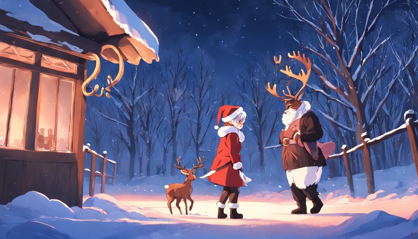 Christmas atmosphere，Hilariously，snowfield，nevando，cheerfulness，new year，Warm，reindeer，santa，cartoony