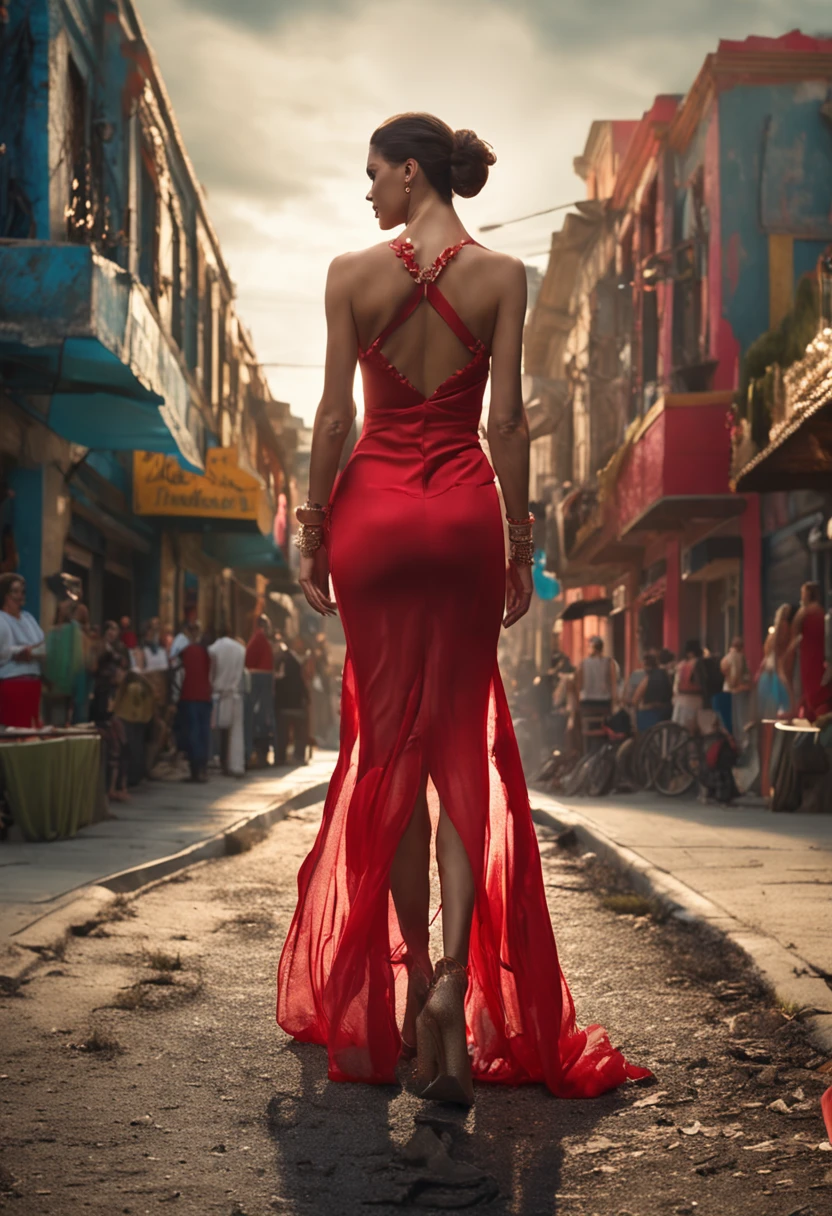 photo of (sdimitrios) a woman (as a high fashion model:1.2), (walking the catwalk:1.2), modelshoot style, Intricate, High Detail, Sharp focus, dramatic, cleavage and navel exposed,photorealistic painting art by midjourney and greg rutkowski, (waist chain), (fashion show:1.2), (public attending the show:1.2), (elegant red dress:1.2), (looking at viewer), (detailed eyes:1.3), (closeup:1.1)