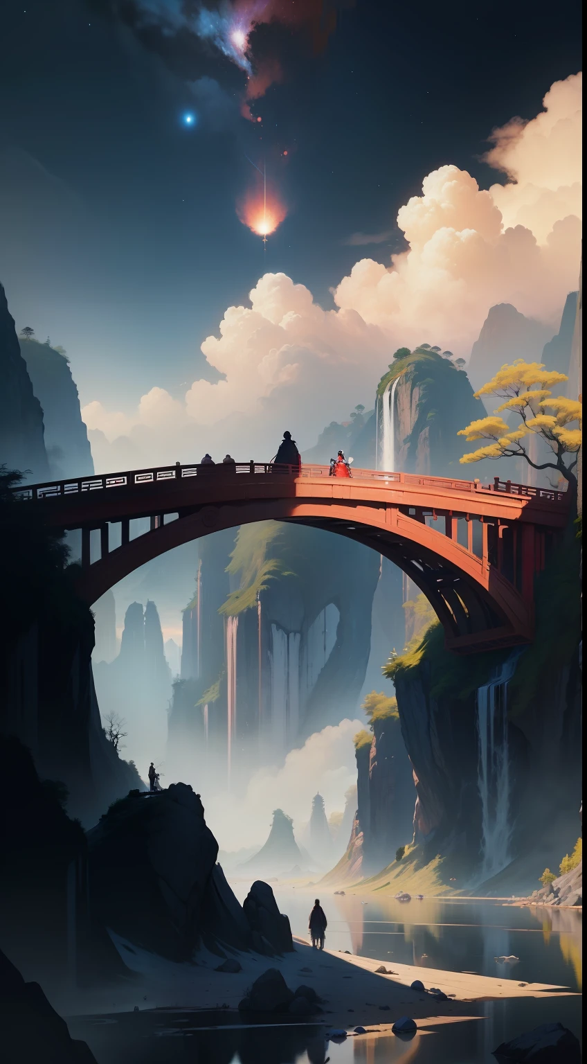A Chinese couple,Chinese landscape, abstract paintings, A bridge in the universe，tradition chinese ink painting,nebula,extra long shot,wide view,hope ful,unreal engine,
