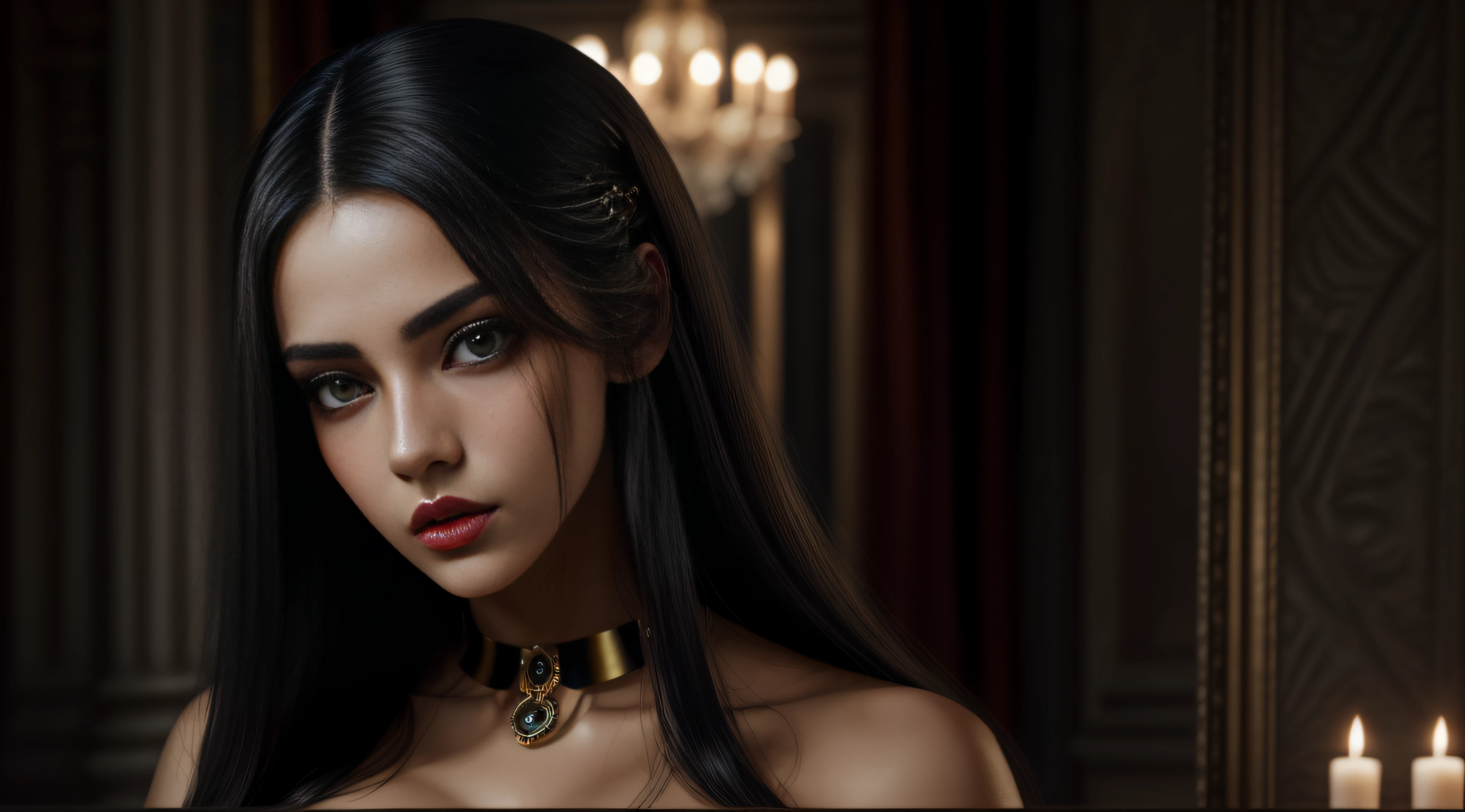 8k, Expect Raw, A beautiful woman, with long black and shiny hair, Cleopatra style, with brown eyes and enveloping, frontal photo, red and seductive lips, imposing woman, confident, a seductive queen, demonstrating what is most real in painting
