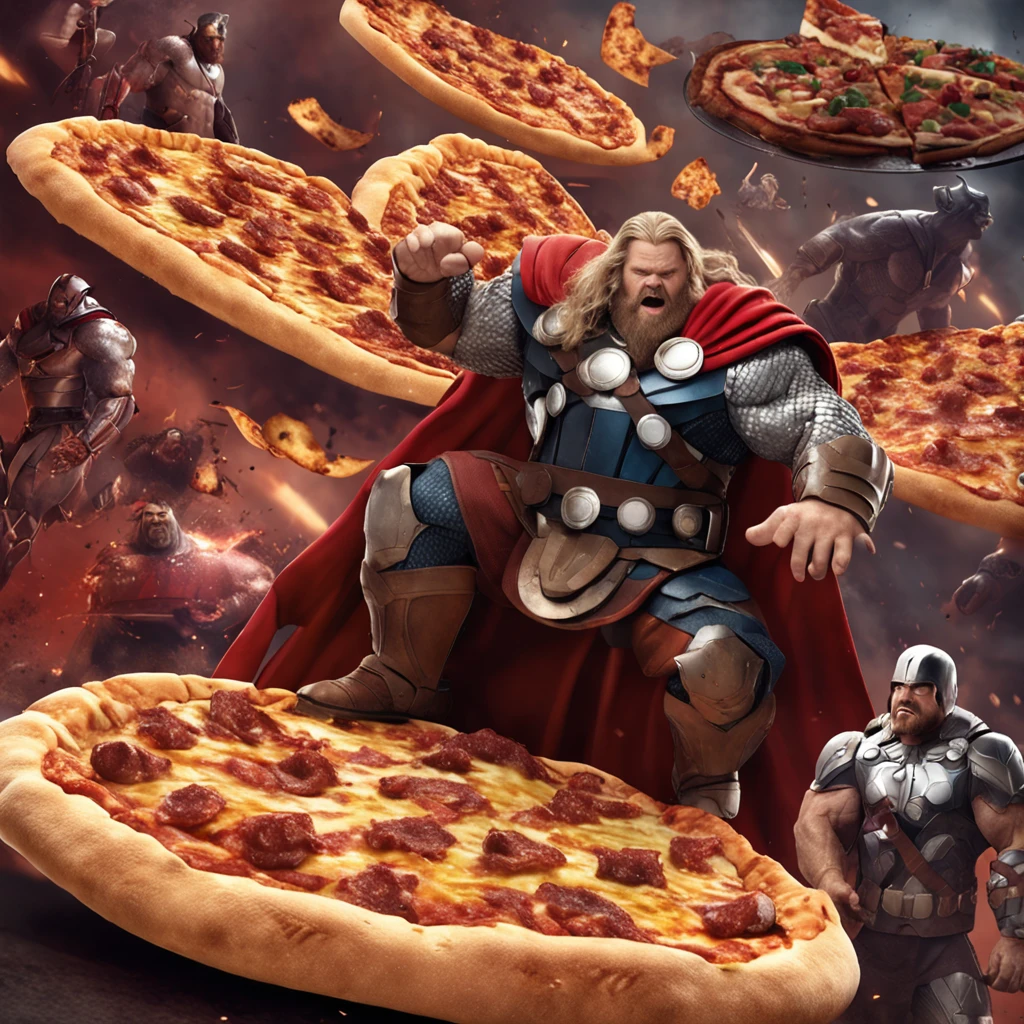 Very fat Thor eats big pizza, High details, Ultra photo realsisim, Realistic, 8K