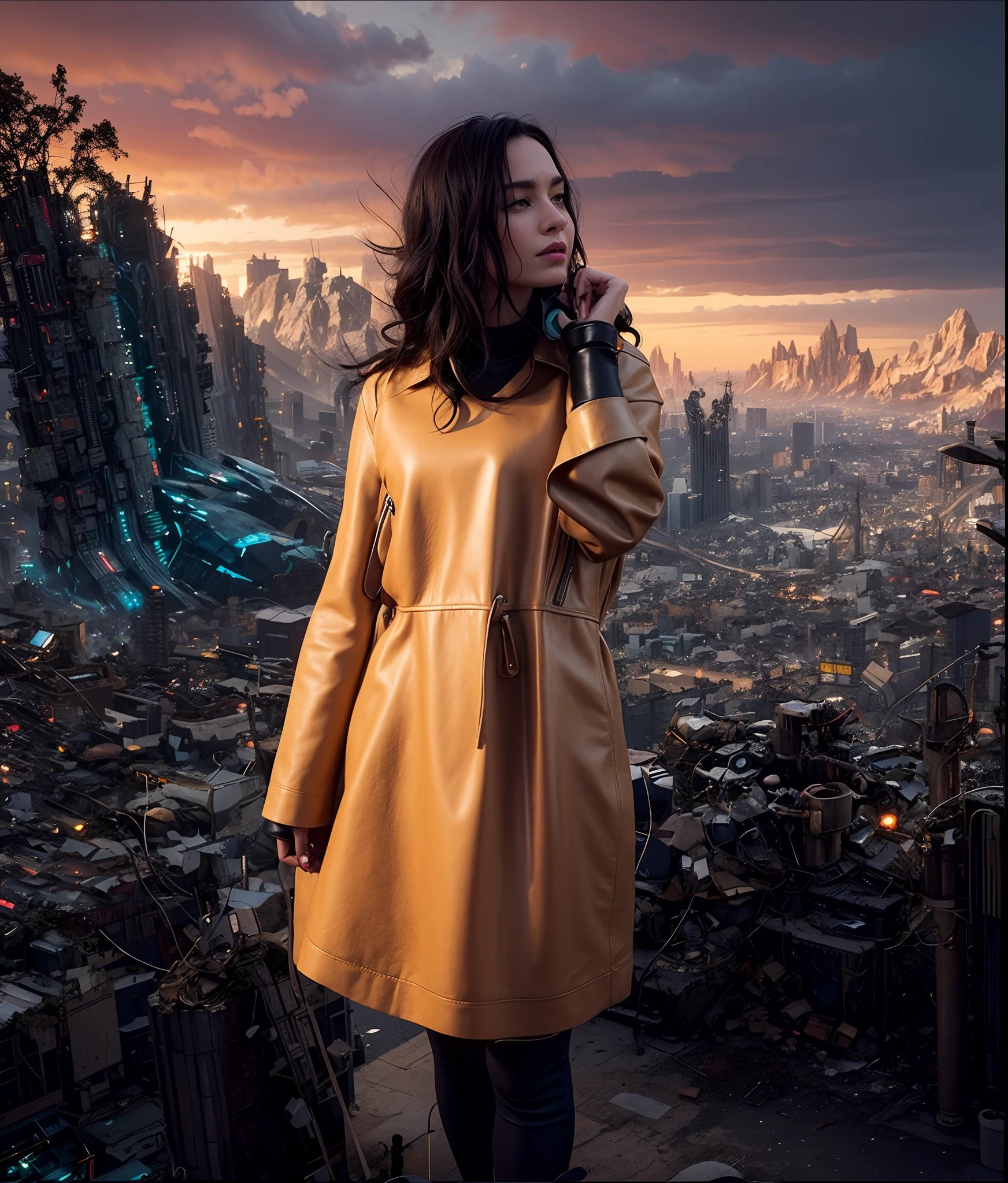 The woman\(leather jacket\), reverse , Cyberpunk style, At altitude, Over the city, on roof