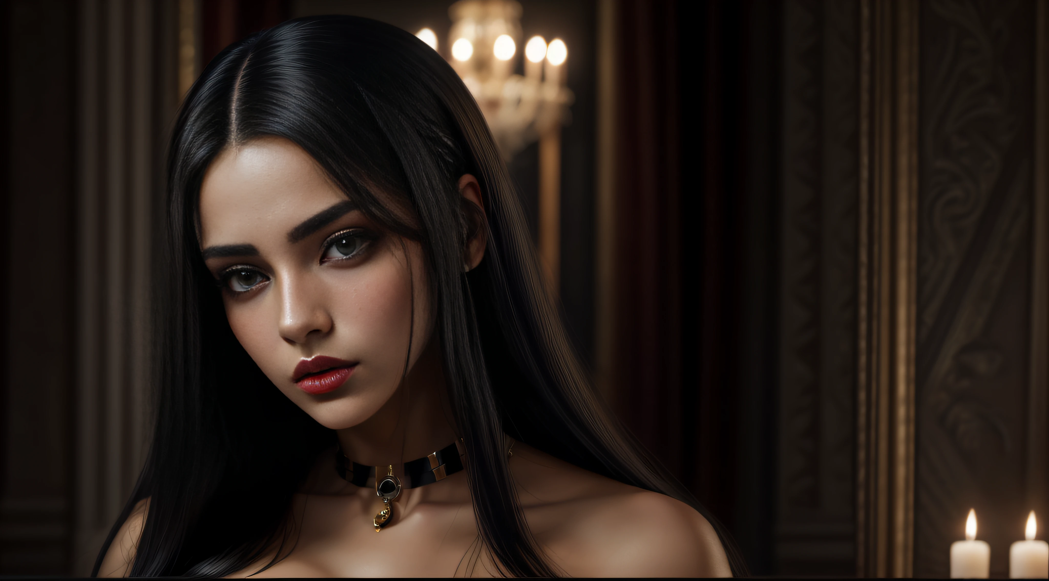 8k, Expect Raw, A beautiful woman, with long black and shiny hair, Cleopatra style, with brown eyes and enveloping, frontal photo, red and seductive lips, imposing woman, confident, a seductive queen, demonstrating what is most real in painting