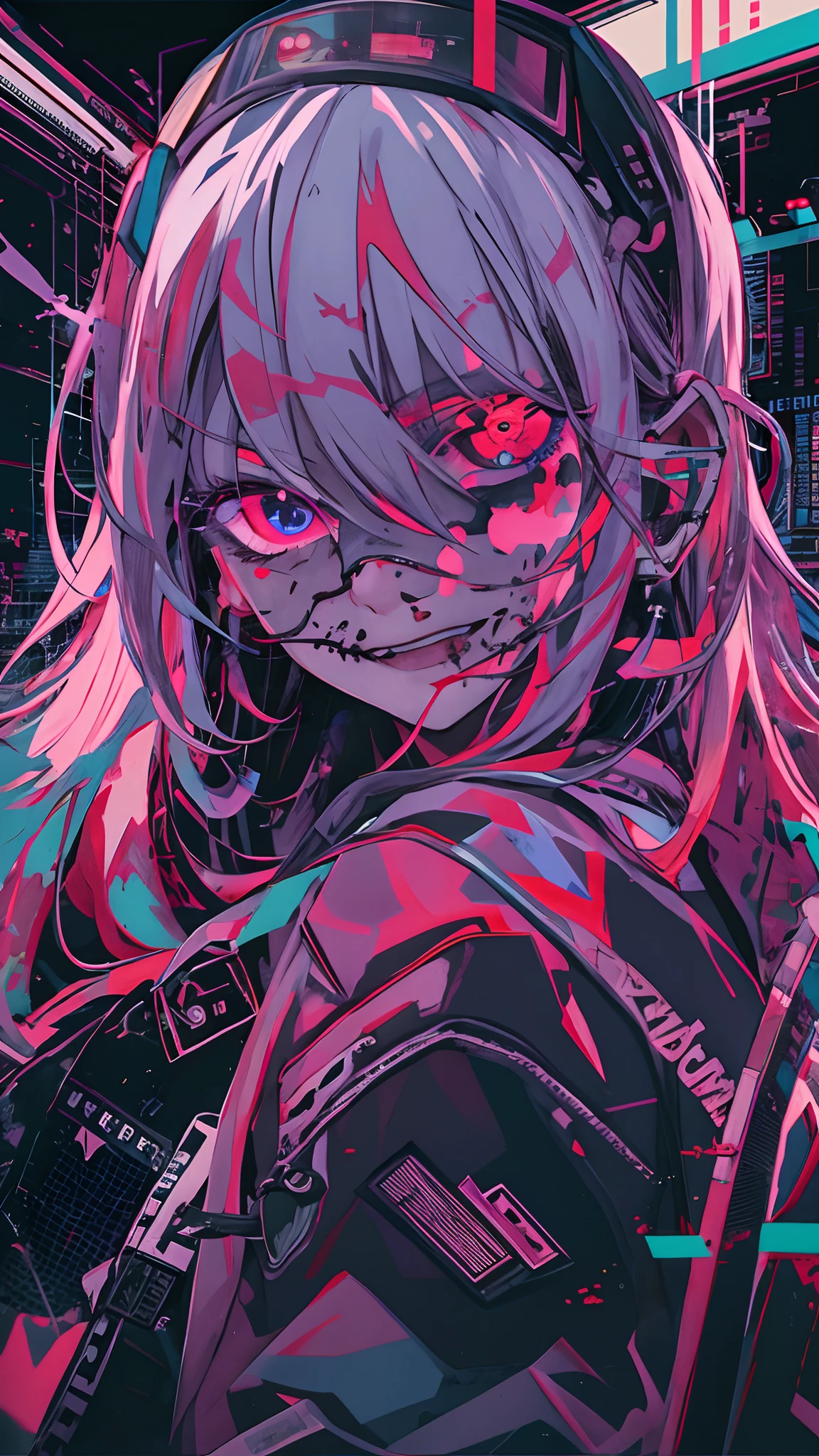 (Masterpiece), Best Quality, expressive eyes, a perfect face,(gritty:0.9),(80's aesthetic:1.1),(Neon:0.8),(Retro:0.9),(analog:1.1),(独奏:0.8),(1 person:0.6),(calavera:0.5),(Sunglasses:0.7),(The Grim Reaper:0.5),(purple and pink color scheme:0.9),(glitch:1.1),(tumult:1.0),(black and white:0.6),(Dripping letters:0.8),(Vaporwave Aesthetics:1.2),(Digital Distortion:0.9),(creepy smile:0.7),(blood splash:0.8),(darkness:0.9),
