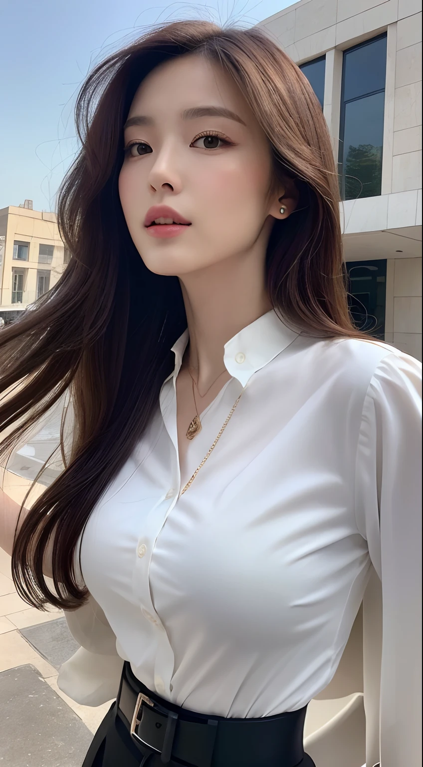 (Best quality, High resolution, Masterpiece :1.3), A tall and pretty woman, Slender abs, Dark brown hair styled in loose waves, Breasts, Wearing pendant, White button up shirt, Belt, Black skirt, (Modern architecture in background), Details exquisitely rendered in the face and skin texture, Detailed eyes, Double eyelid