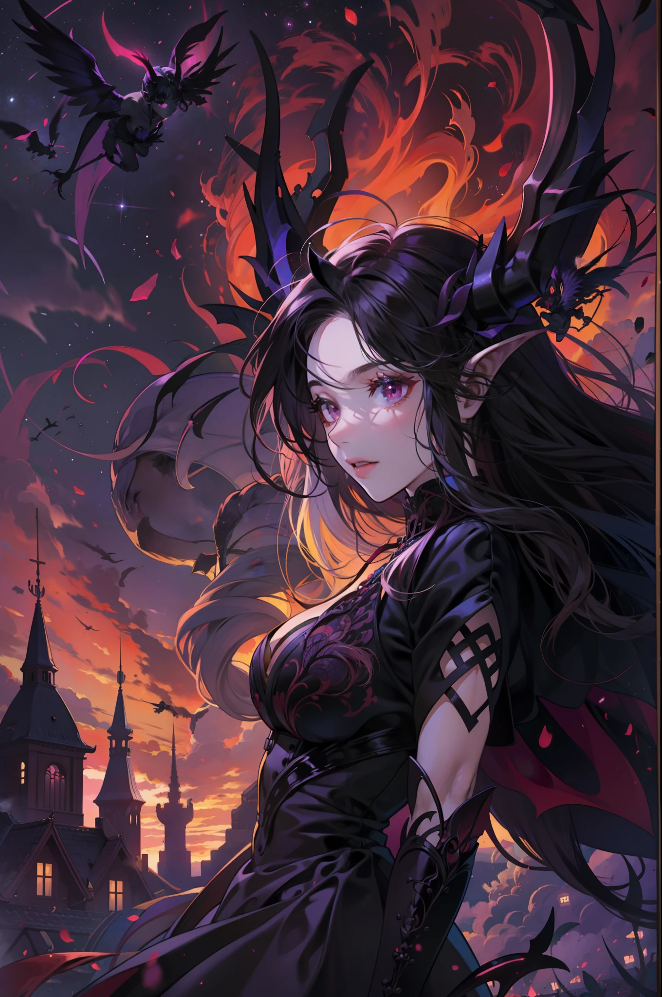 In the background is a succubus flying in a purple-red burning sky,Extra-long black hair,Purple eye,There are horns on the head,Demon's wings,Black dress