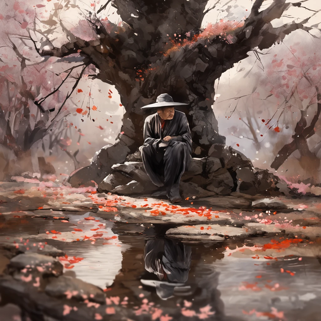 Man dressed in black resting under sakura tree old japanese style Cinematic, low angle photography, Motion blur, Depth of field, Dust, Cobblestones and dirt. Splash Art, dripping paint. Perfect color grading. Influenced by Karel Appel and Jeremy Mann, Full of dramatic and threatening scenes, Hyper-detailed, Beautiful, insanely details, Intricate details, editorial photography, shot with a 50mm lens, Depth of field, Tilt Blur, Shutter speed 1/1000, f/22. Lightmaps, Super bright