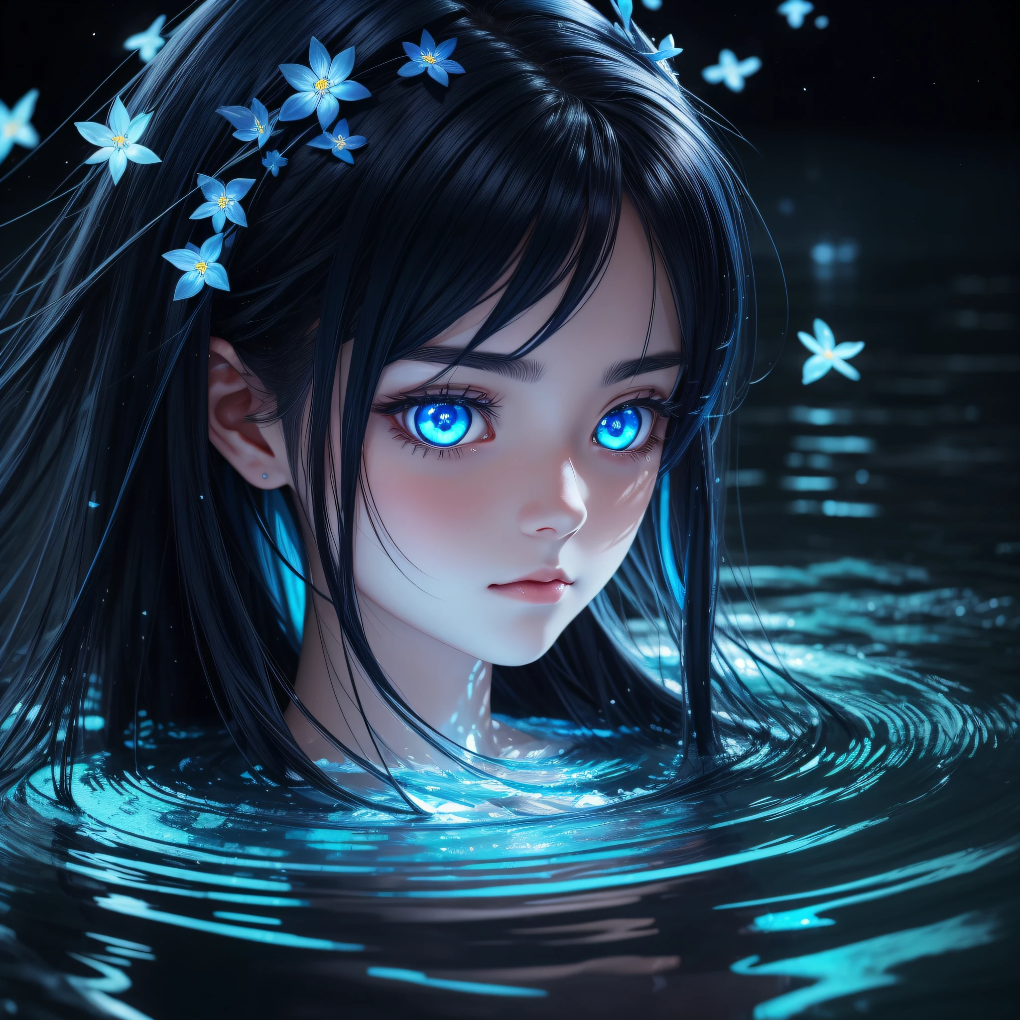 An extremely close up portrait of a dark blue haired anime girl facing the camera, her face half submerged in tranquil lent water glowing neon blue, only her blue eyeballs visible beneath the glowing surface looking directly at the viewer, small delicate blue flowers decorating her hair, dreamlike serene expression, intricate water ripples radiating from her eyes, low light photography, highly detailed anime illustration in niji art style, --ar 1:1 --niji
