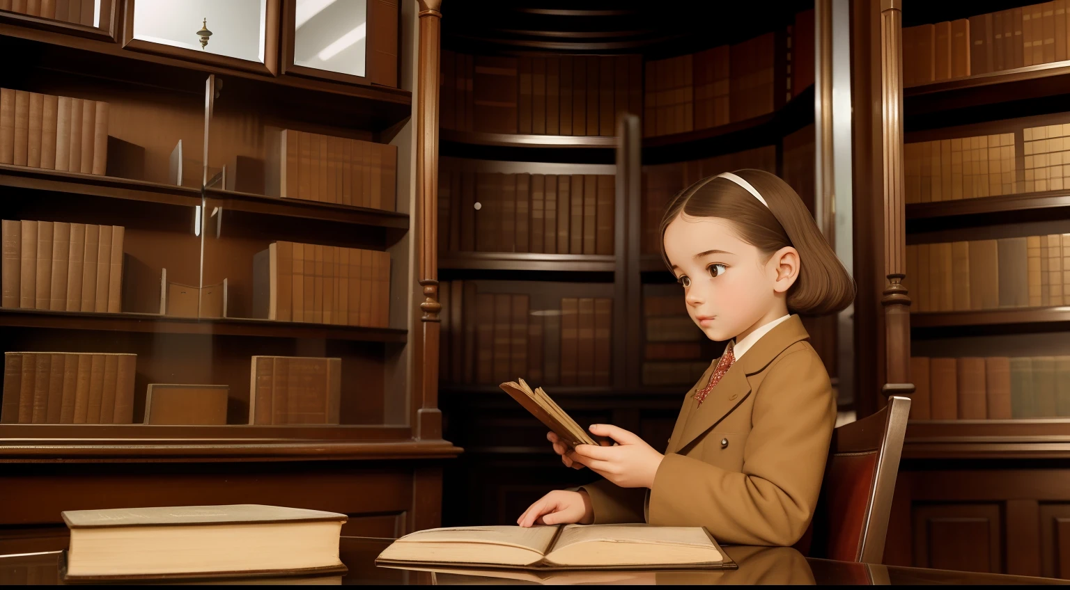 Date: 1945
Location: Warsaw, Poland
Description: In a historic bookstore, a young reader peruses the shelves of antique volumes, their reflection visible in a vintage handheld mirror mounted on the wall.