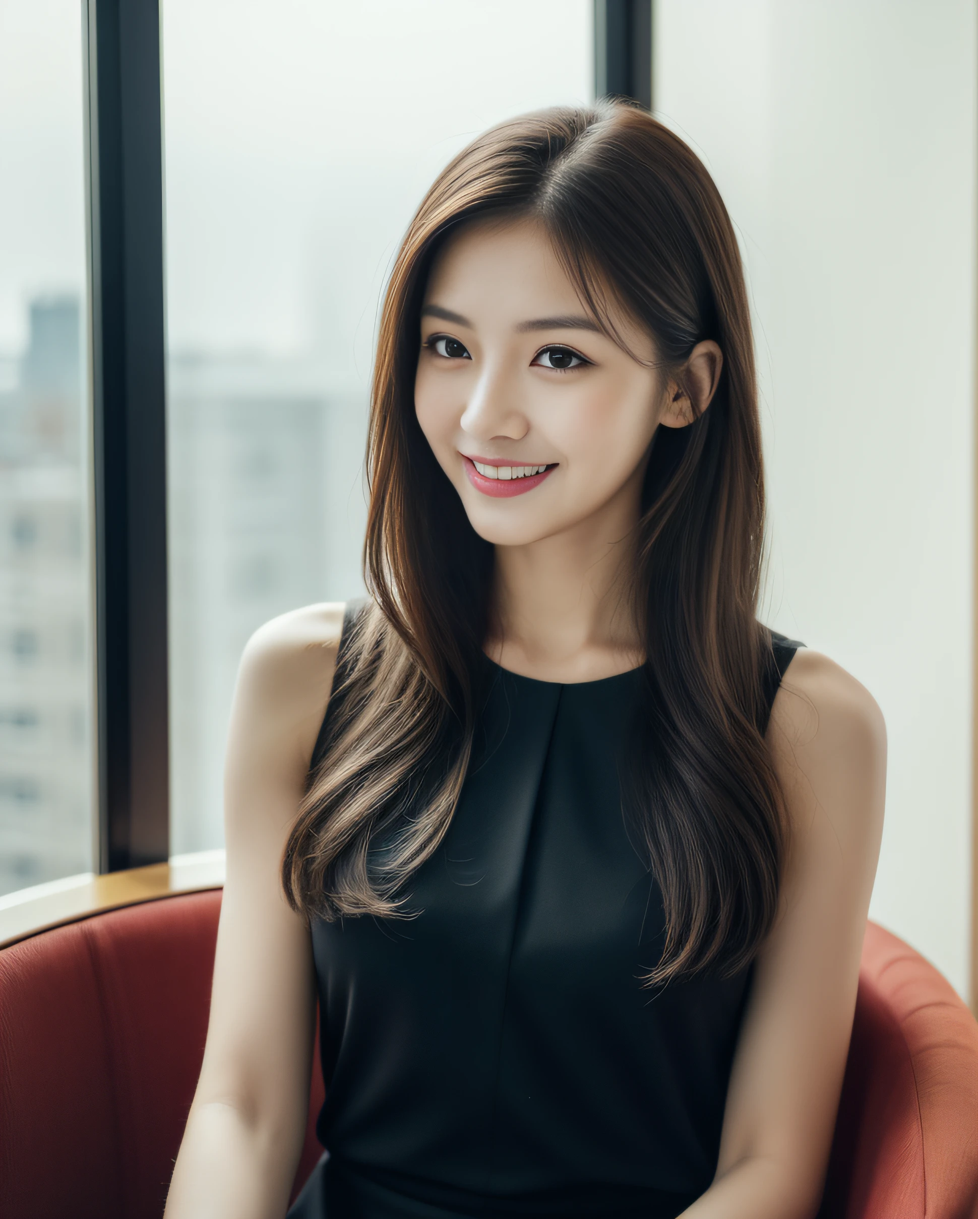 ((best quality, 8K, masterpiece: 1.3)), beautiful girl, pure, melon face, kind and cute, sweet smile, pure desire, slender body, (front), (tilted head), back view, dark gray dress , long black silky straight hair, long flowing shoulders, round black big eyes, clear big eyes, moist red lips, sweet, sitting in a hotel chair, hotel window sill background, ((((whole body)))),