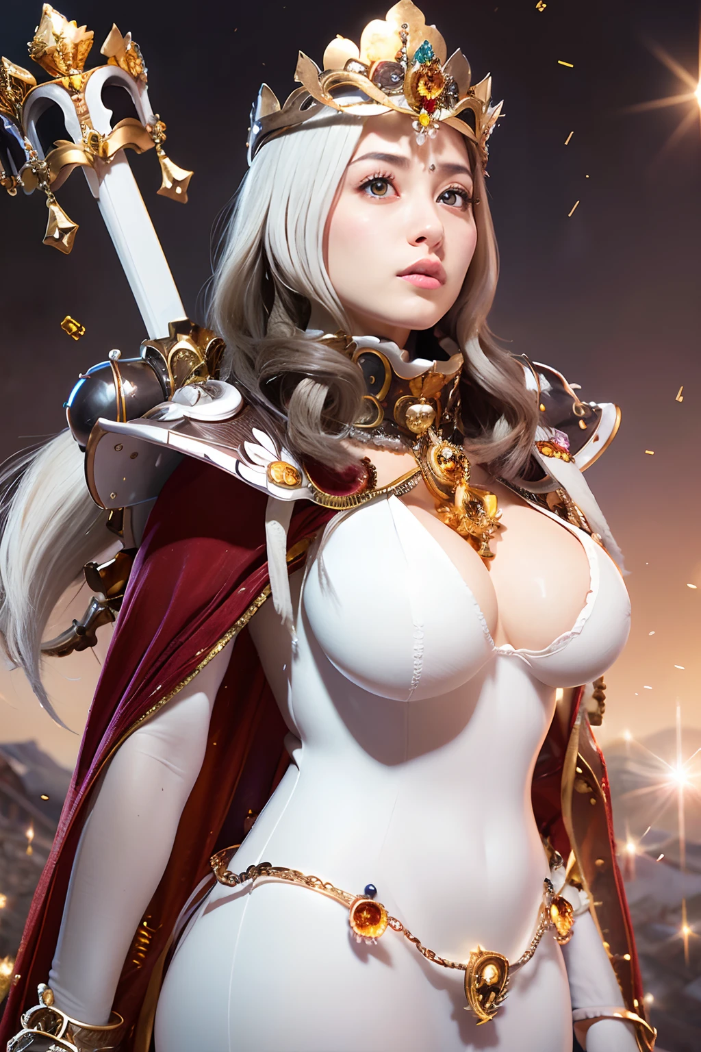 (masutepiece), Professional , masterpiece、top-quality、photos realistic , depth of fields ,(Wind element),close-up,dream magical,tornado,Lightning,(Gemstone Silver Jewel Body:1.9),(Matte White、Jewel Gold Weapon_(Metal:1.4),Gorgeous Jewel Metal Weapons , Detailed Sword of the Brave , Beautiful knife ,warhammer 40k , adepta sororitas,Detail and ornate jewel crown、Brown hair、Gangle's forest background、Beautiful Caucasian beauty、1a person、dynamic ungle,(((Detailed and ornate diamond crown)))、Particles of light、cleavage of the breast、