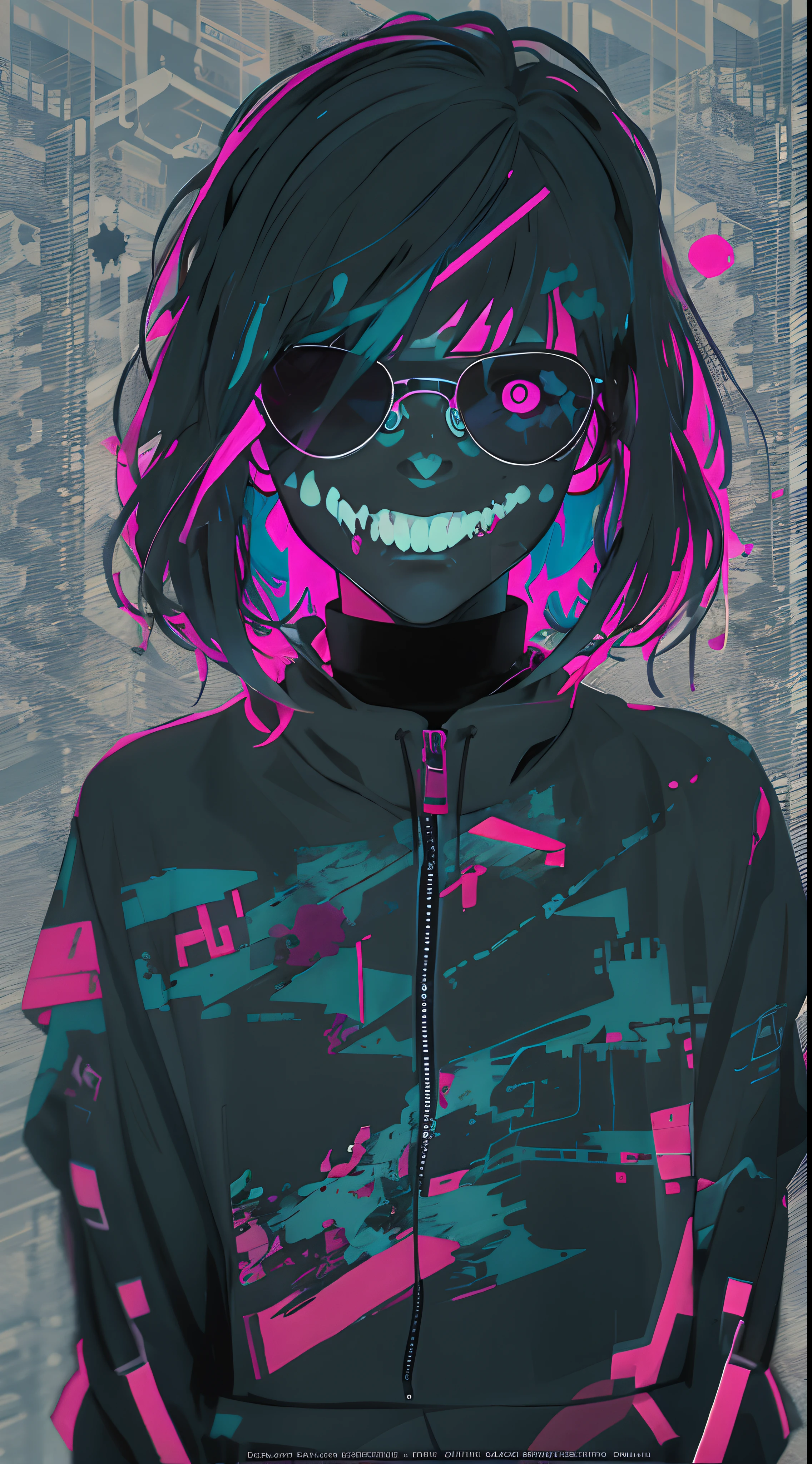 (Masterpiece), Best Quality, expressive eyes, a perfect face,(gritty:0.9),(80's aesthetic:1.1),(Neon:0.8),(Retro:0.9),(analog:1.1),(独奏:0.8),(1 person:0.6),(calavera:0.5),(Sunglasses:0.7),(The Grim Reaper:0.5),(purple and pink color scheme:0.9),(glitch:1.1),(tumult:1.0),(black and white:0.6),(Dripping letters:0.8),(Vaporwave Aesthetics:1.2),(Digital Distortion:0.9),(creepy smile:0.7),(blood splash:0.8),(darkness:0.9),