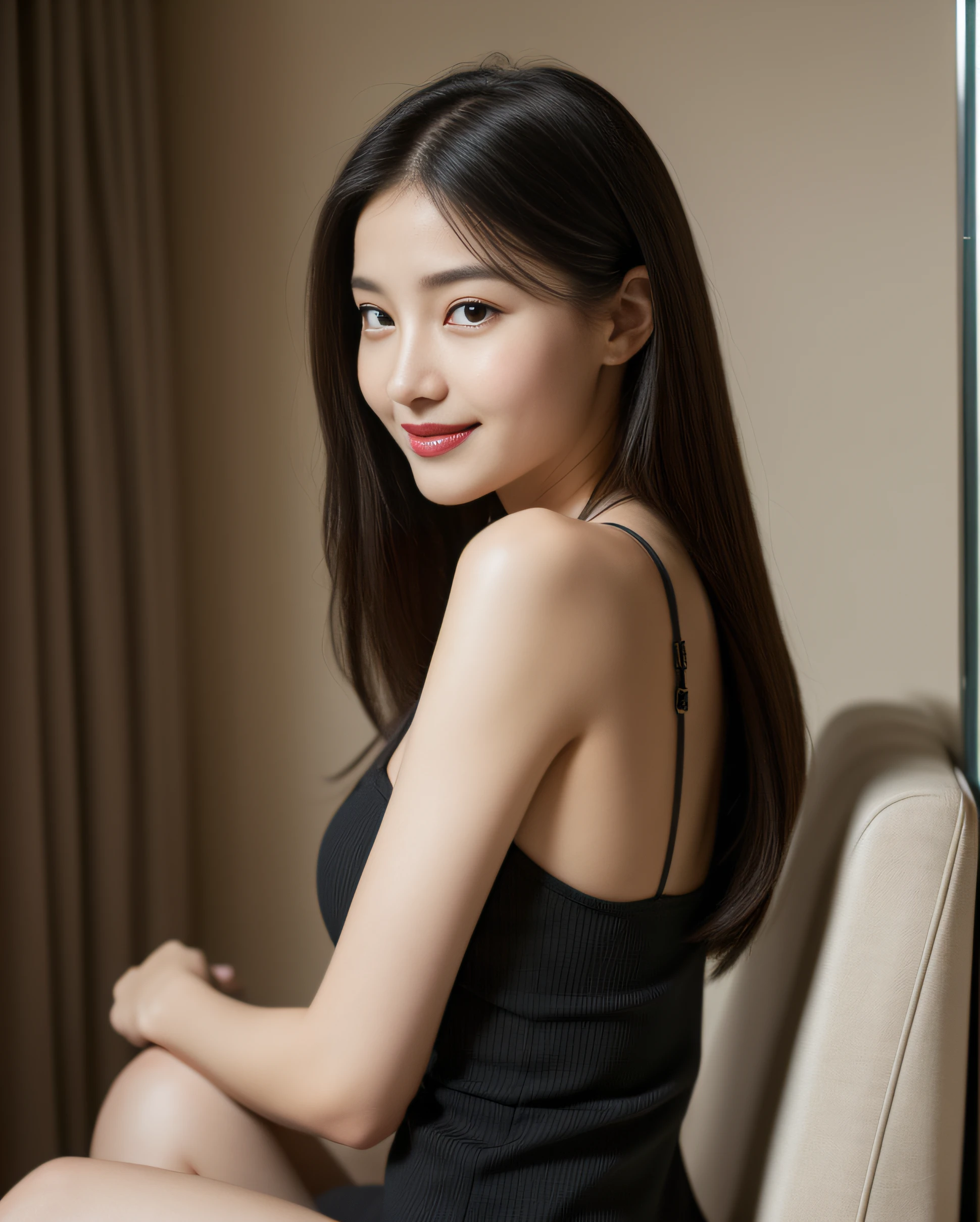 Delicate depiction,delicate beauty, Black Hair, woman, Tie your hair into a ponytail,Smile, High-quality images, 8k Raw Photo:1.5, masterpiece, beautiful girl,Soft skin texture,Soft and attractive lips, At the cafe,