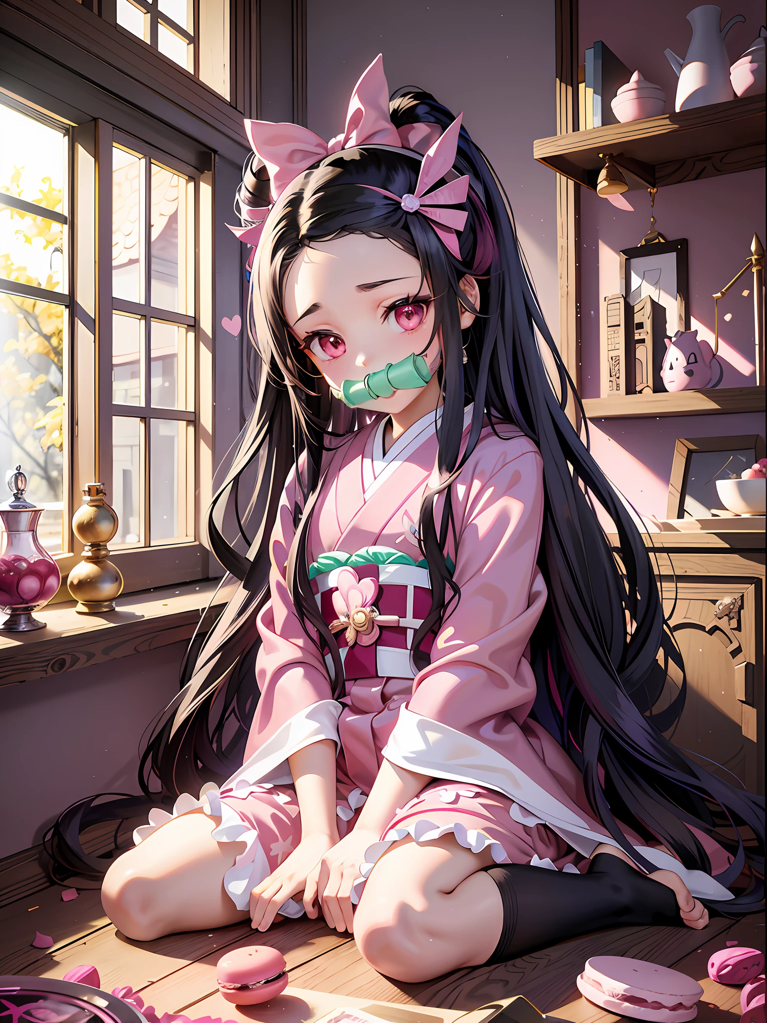 1girl (masterpiece) (highest quality) (shiny hair) (shiny skin), kamado nezuko, demon slayer style, black hair, forehead, hair ribbon, kimono, long hair, multicolored hair, pink eyes, pink kimono, pink ribbon, ribbon, very long hair, gagged, bit gag, (5 years old, loli: 1.2) (pink cute room), (pink gothic room), (messy room, fairy tale, Macarons, candy, heart items, ribbons, star items, small windows, (sundries are placed in a mess), dresser, anti-makassar, wariza, sitting, squatting, kneeling, between the legs