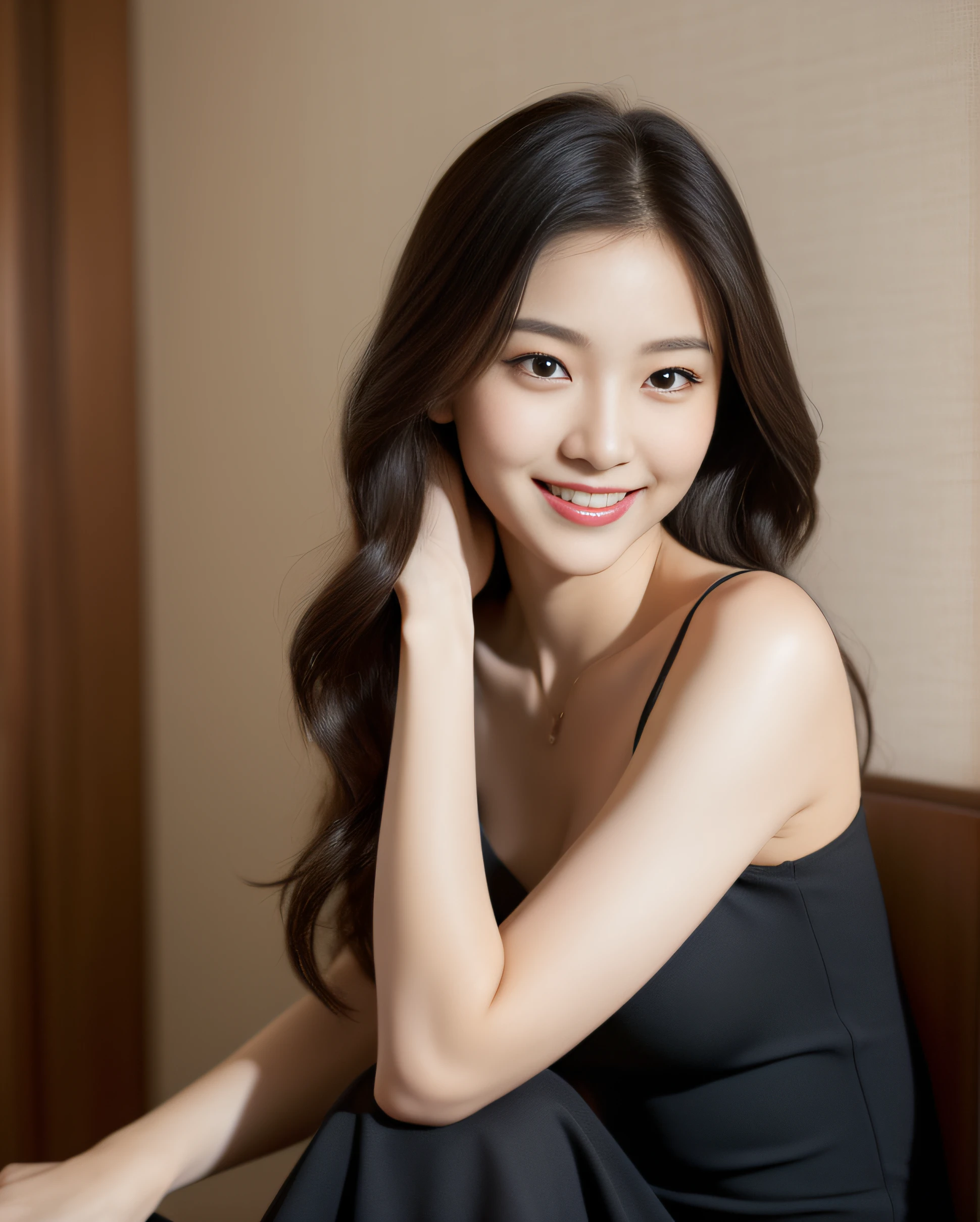 ((best quality, 8K, masterpiece: 1.3)), beautiful girl, pure, melon face, kind and cute, sweet smile, pure desire, slender body, (front), (tilted head), back view, dark gray dress , long black silky straight hair, long flowing shoulders, round black big eyes, clear big eyes, moist red lips, sweet, sitting in a hotel chair, hotel window sill background, ((((whole body)))),