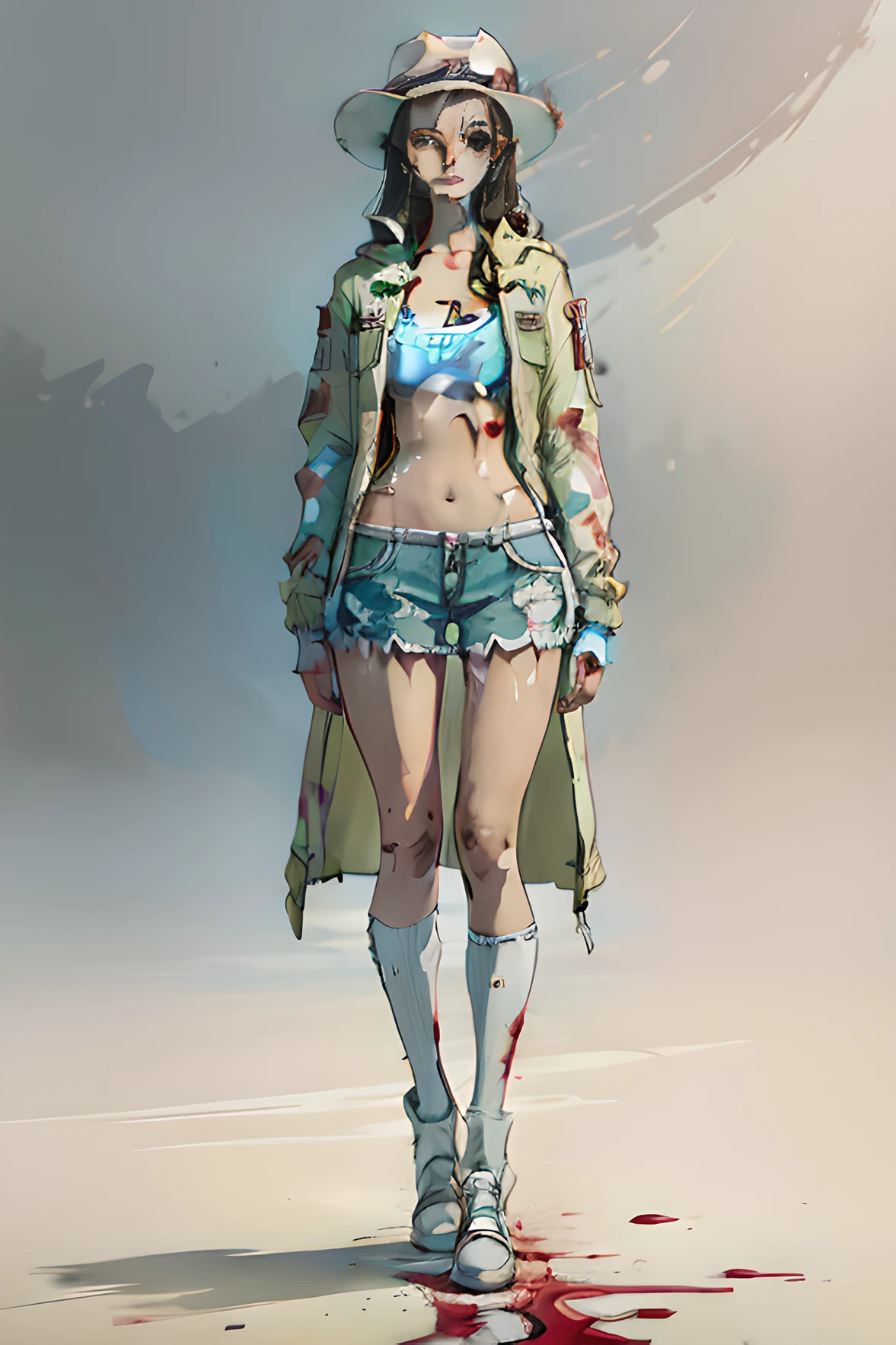 Painting of a ager in a hat and jacket, clear outfit design, detailed full-body concept, Full body character drawing, full body concept, new costume concept design, full body character, full body character concept, concept character, unrealistic character concept, Single character full body, full body drawing, ( ( concept art of character ) ), The character concept is crazy and covered in blood