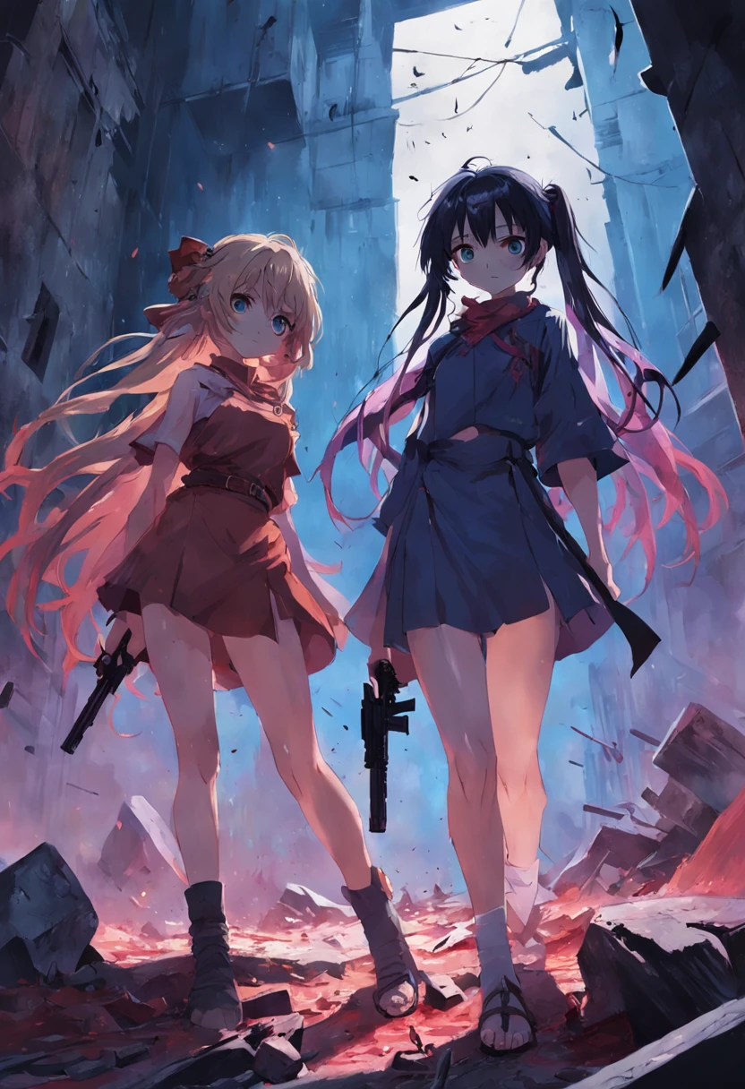 two guys，One on the left，One on the right，All women，On the ruins，The one on the left pointed a gun at the girl on the right，The girl on the right covered her bloody face with one hand and looked at the girl on the left，