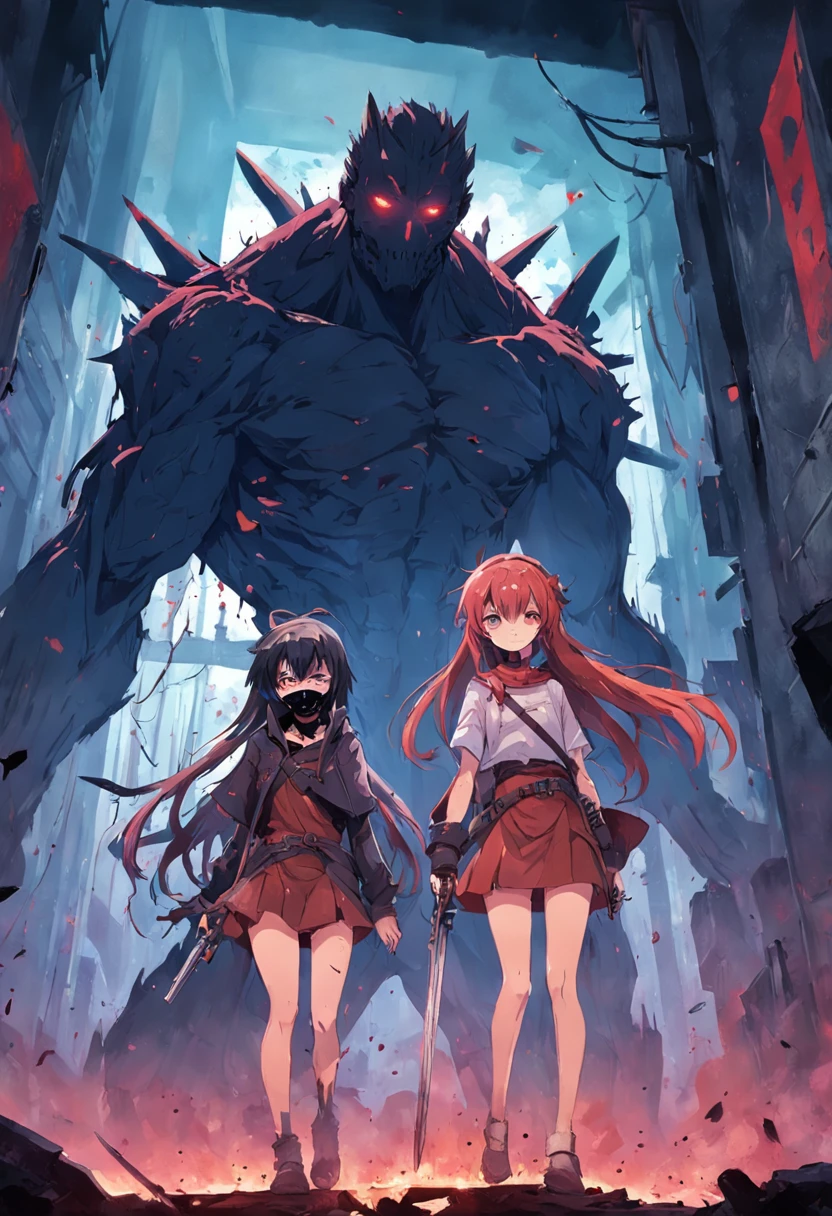 two guys,One on the left,One on the right,All women,On the ruins,The one on the left pointed a gun at the girl on the right,The girl on the right covered her bloody face with one hand and looked at the girl on the left,