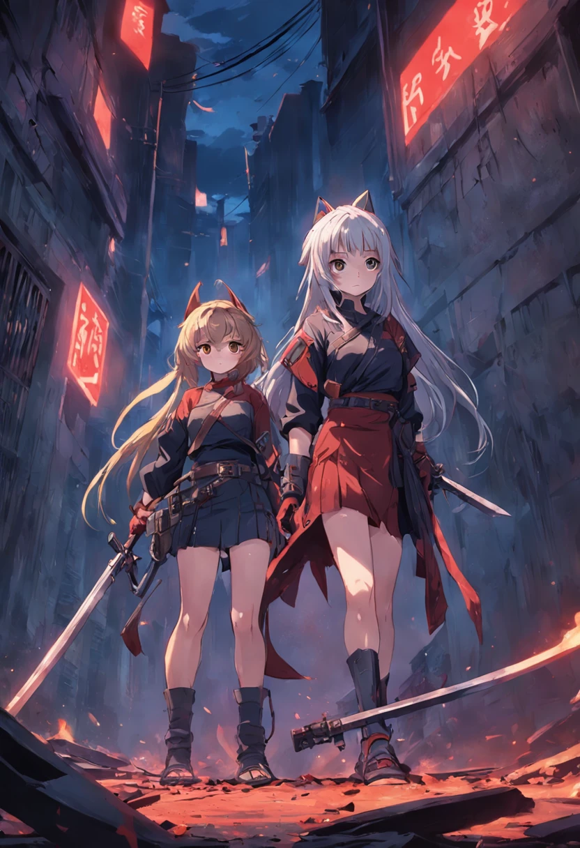 two guys,One on the left,One on the right,All women,On the ruins,The one on the left pointed a gun at the girl on the right,The girl on the right covered her bloody face with one hand and looked at the girl on the left,