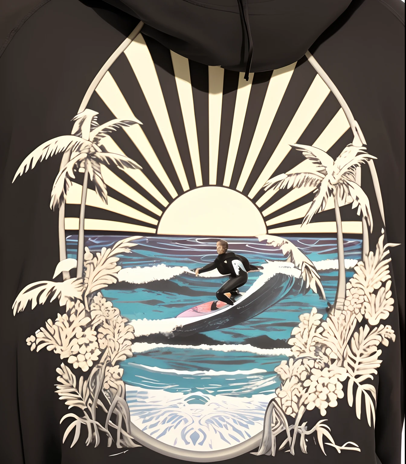 Close-up of a man in a hoodie and surfboard, surfing, Graphic print, Hoodie, hoody, Highest detail, The light from the back window is backlighted, graphic detail, sea beach, brilliant detail, Sunset view, paradis, brutal depiction, A cena mais bonita, Seafront, The is very detailed, Finer details, Clear detail, floral sunset, rich details​, arcadia, the sunset