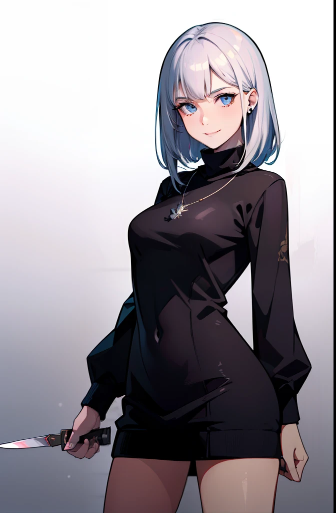 ((best qualtiy, 8K, tmasterpiece:1.3)), ((solid color backdrop)), ((A sharp knife in your hand)), Focus:1.2, perfect figure beautiful woman:1.4, Cocked buttocks:1.2, ((Exquisite Hair)), (sweaterdress:1.1) , Highly detailed facial and skin texture, A detailed eye, 二重まぶた,Whiten skin,ssmile,Wear a necklace,gyuru,ssmile,femme fetal,Deep engraving