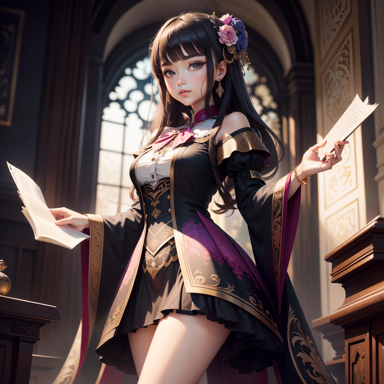 (magic circle), RAW Photos、(Realistic)、(Super detailed)、(High resolution:1.37)、(masterpiece)、(Highest quality)、(8k)、(Ultra-Details)、Angle from below、、(Perfect Anatomy:1.3)、(Beautiful Eyes)、Beautiful and well-proportioned face、(Female gambler in school uniform playing card games)、One girl、Watching the audience、(A red blazer uniform with black collar and cuffs)、Grey pleated skirt、Black ribbon tie、Black Pantyhose、Long straight black hair、(Bangs、Hime cut)、(Super hourglass body type:1.3)、(Super big breasts pointing upwards:1.3)、(Her eyes glow red when she plays games)、(Holding playing cards in hand)、Correct fingers、Lots of realistic playing cards、Stacked poker chips、Card game table、A confident smile、blush、(Sexy acrobatic gambler pose:1.2)、Increased costume transparency、(Depicts luxurious gambling rooms in detail)、Opponent、gallery、Movie Scenes、Concept Art