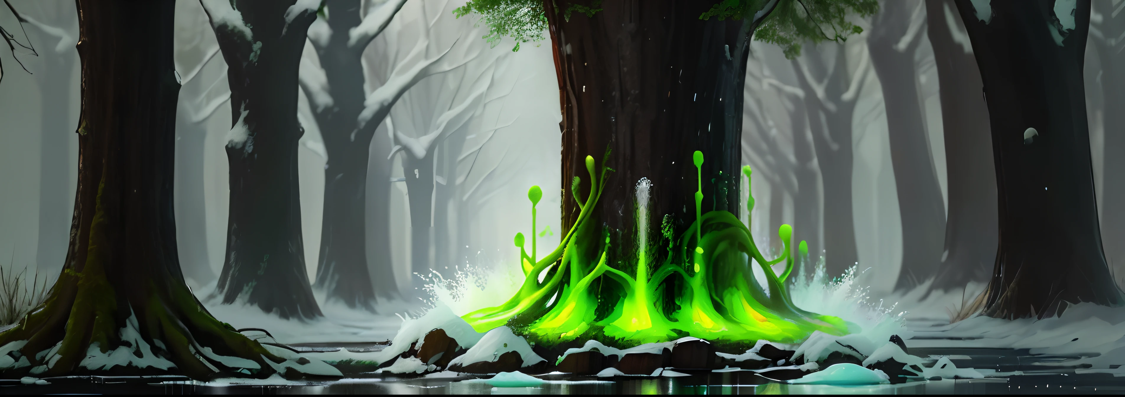 “The image represents a space full of green light, where frozen trees and static columns create a paralyzing effect. The central element is a green fountain jet surrounded by a gloomy alley. All this creates an atmosphere of mystery and anxiety.”