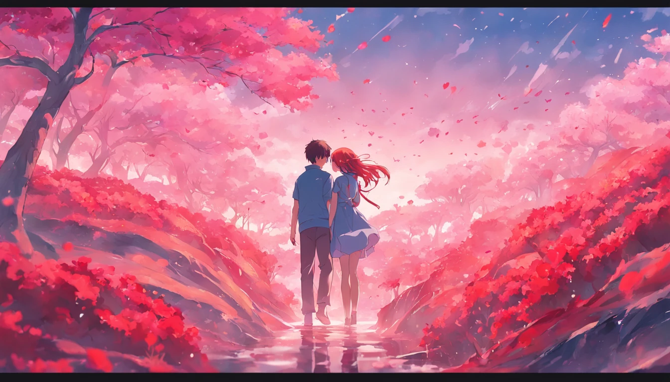 In a romantic atmosphere，couple cuddling，Walk in the Sea of Roses，Under the blue sky and white clouds，Feel the romantic theme of Valentine's Day。