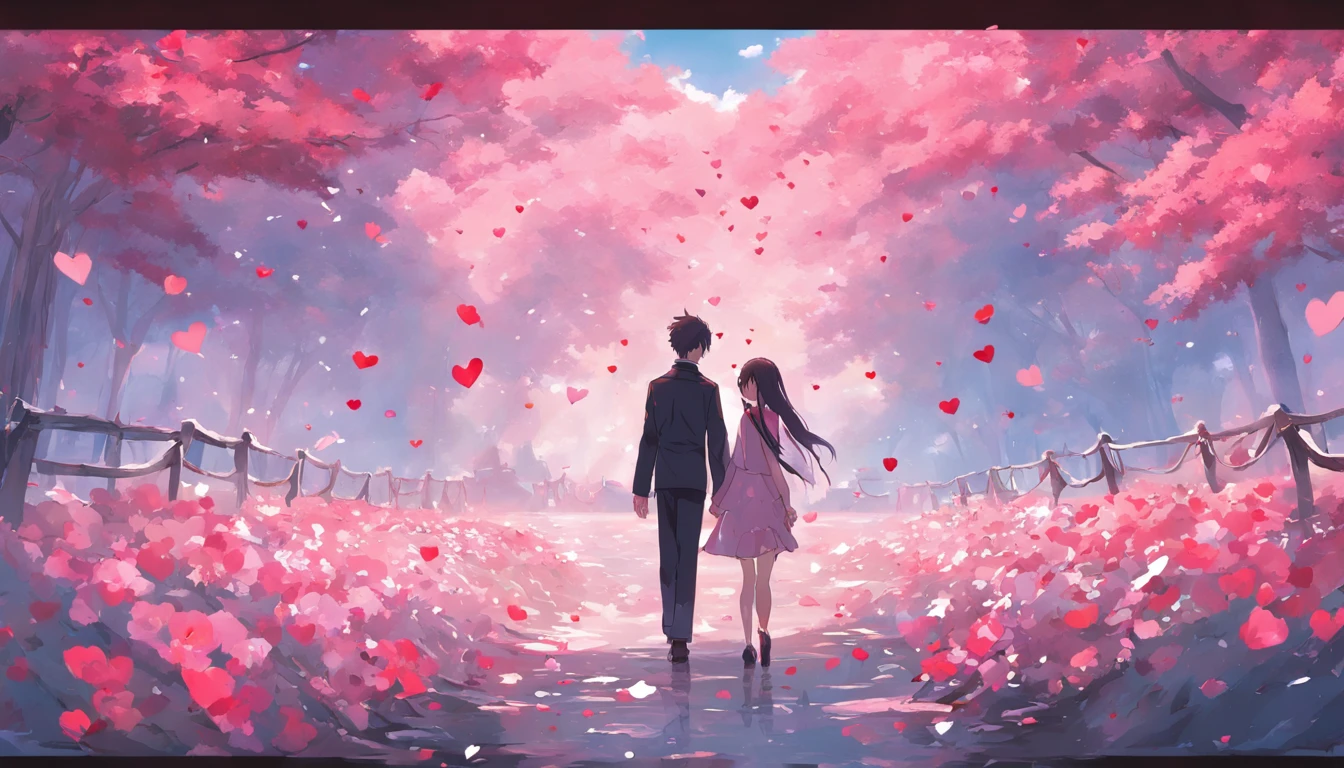 In a romantic atmosphere,couple cuddling,Walk in the Sea of Roses,Under the blue sky and white clouds,Feel the romantic theme of Valentine's Day。
