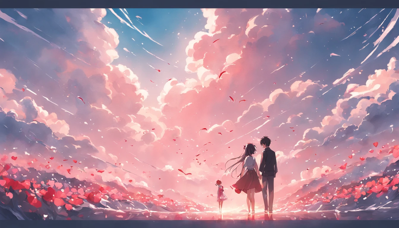 In a romantic atmosphere,couple cuddling,Walk in the Sea of Roses,Under the blue sky and white clouds,Feel the romantic theme of Valentine's Day。