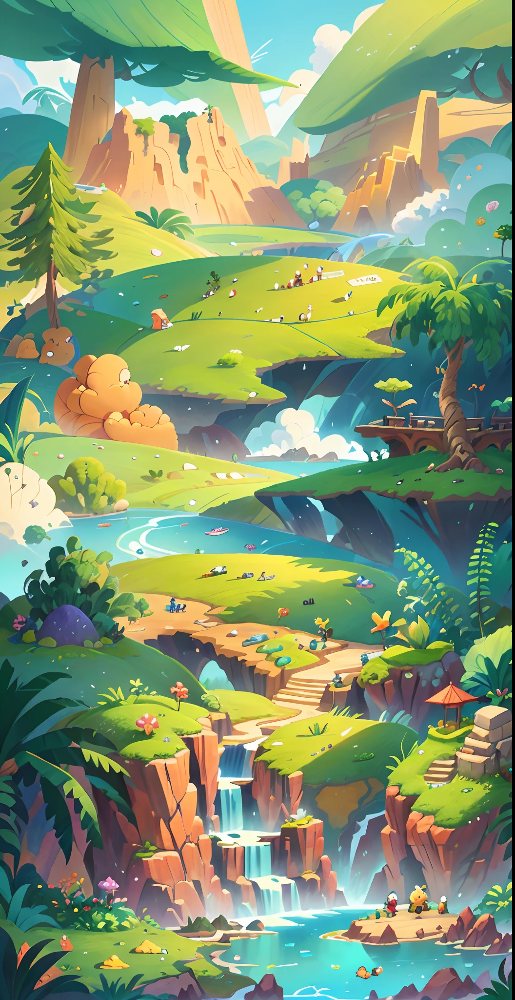 Chinese ancient times, spring, jungle, lake, cave, waterfall, tree, meadow, rock, hot spring, a plant，volcanoes，coconut palms，Antiquity，jurassic，Ancient plants，rios，grass field，grassy fields，Faraway view，mont，volcanoes，cliff，​​clouds，sun light， water vapor, brightly，verdure，Grass green，The colors are expressive，vibrant with colors，illustration，Cartoon drawing，Lively children's drawing，Illustrations in storybooks，Cartoon coloring page，KIDS ILLUSTRATION，Disney，cartoony，Paramount，dreamworks，(illustration: 1.0), epic composition, realistic lighting, HD details, masterpiece, best quality, (very detailed CG unified 8k wallpaper)