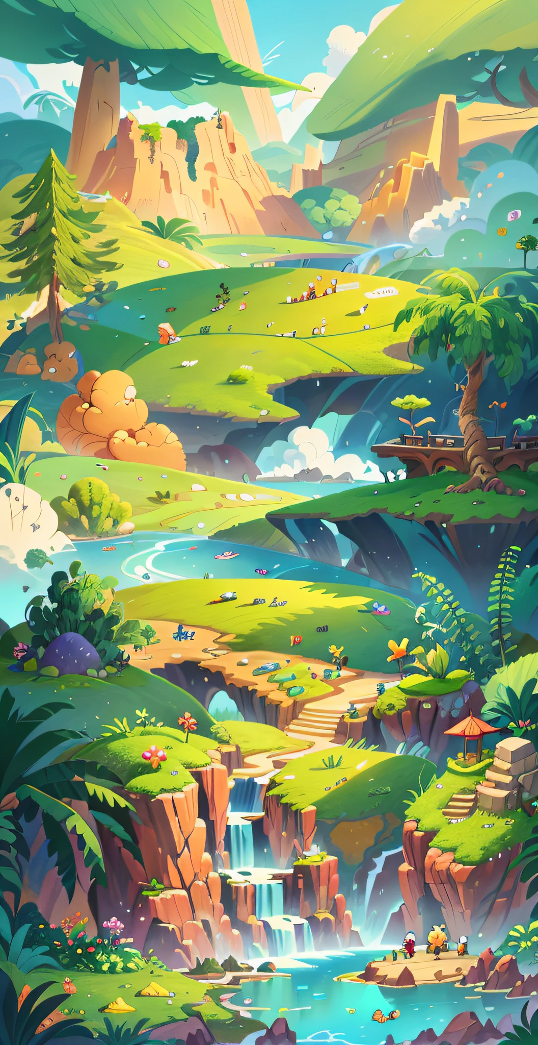 Chinese ancient times, spring, jungle, lake, cave, waterfall, tree, meadow, rock, hot spring, a plant,volcanoes,coconut palms,Antiquity,jurassic,Ancient plants,rios,grass field,grassy fields,Faraway view,mont,volcanoes,cliff,clouds,sun light, water vapor, brightly,verdure,Grass green,The colors are expressive,vibrant with colors,illustration,Cartoon drawing,Lively children's drawing,Illustrations in storybooks,Cartoon coloring page,KIDS ILLUSTRATION,Disney,cartoony,Paramount,dreamworks,(illustration: 1.0), epic composition, realistic lighting, HD details, masterpiece, best quality, (very detailed CG unified 8k wallpaper)