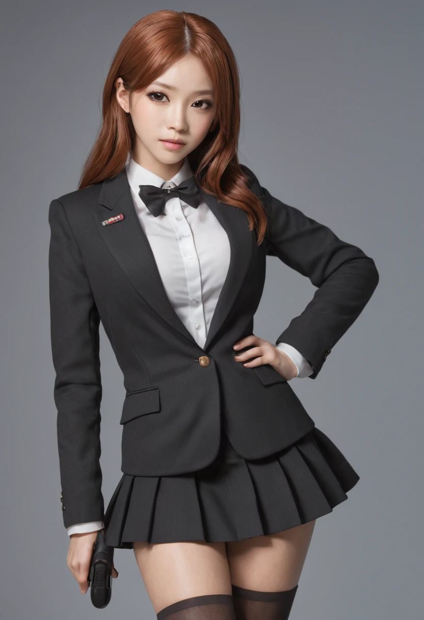 masterpiece, best quality, ultra-detailed, illustration, (realistic:1.2), 1Girl, solo, dark skin, ginger hair, classroom, yuri, intimate, blazer, glamour, boots, gyaru, pantyhose, pleated skirt