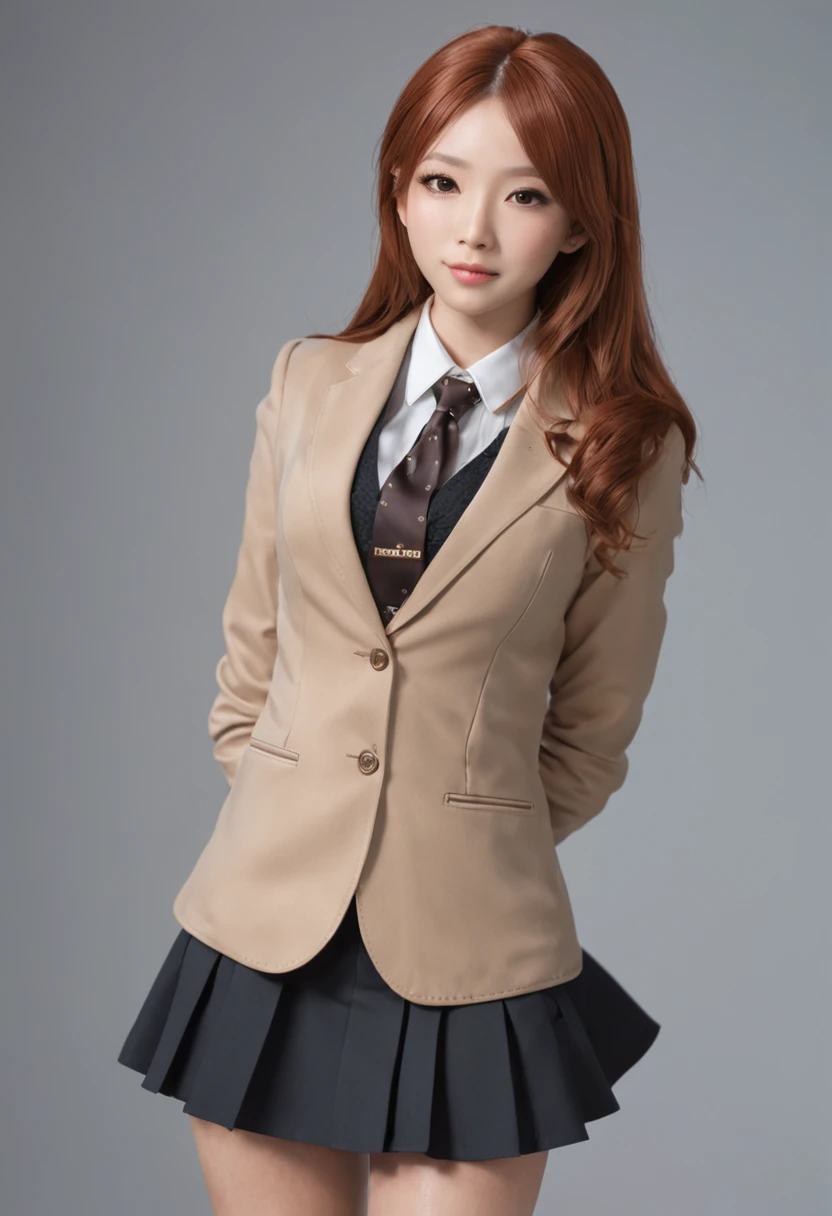 masterpiece, best quality, ultra-detailed, illustration, (realistic:1.2), 1Girl, solo, dark skin, ginger hair, classroom, yuri, intimate, blazer, glamour, boots, gyaru, pantyhose, pleated skirt