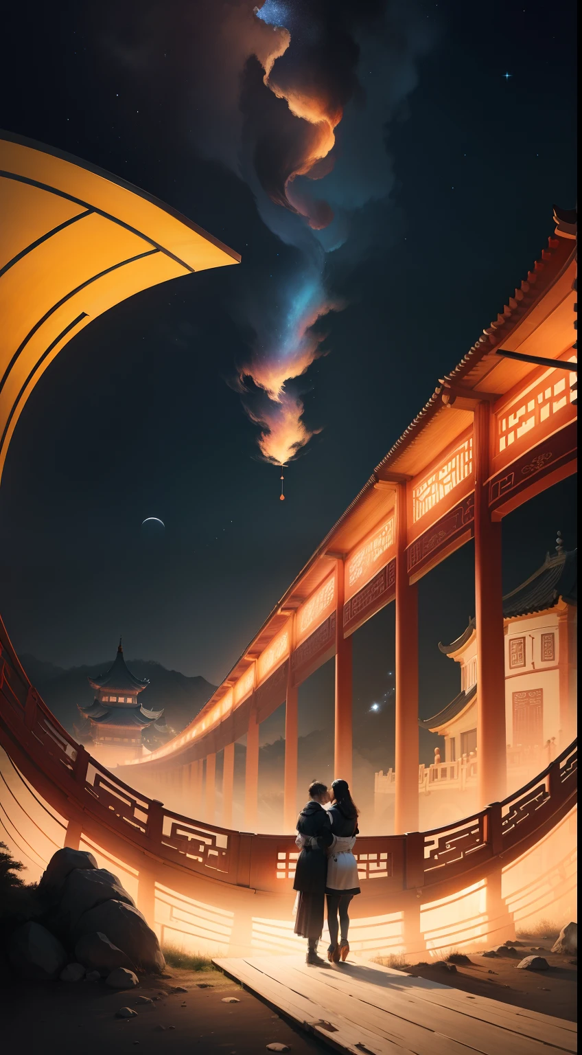 A Chinese couple,abstract paintings, kosmos,Build a bridge in the air,Tradition Chinese Ink Painting,Starcloud,ultra very long shot,Wide view,Hope is abundant,illusory engine,