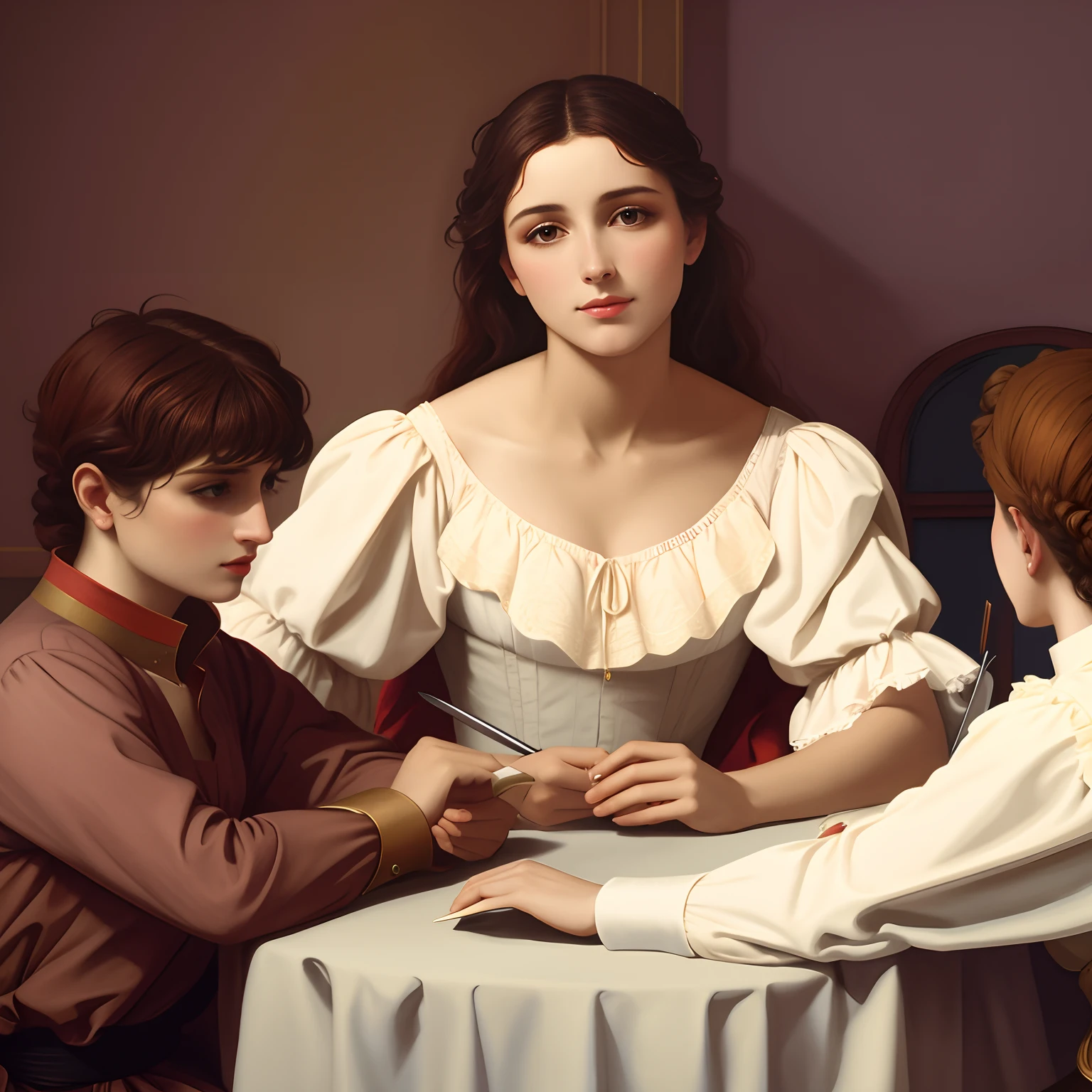 pintura de uma mulher sentada em uma mesa com duas outras mulheres, inspirado em Francesco Hayez, No estilo de arte de Bowater, inspirado em Alexandre Cabanel, pintura digital renascentista, inspirado em Pierre Auguste Cot, inspirado em Antonio Ciseri, inspired by Louis-Léopold Boilly, capa de romance, inspired by Théodore Chassériau