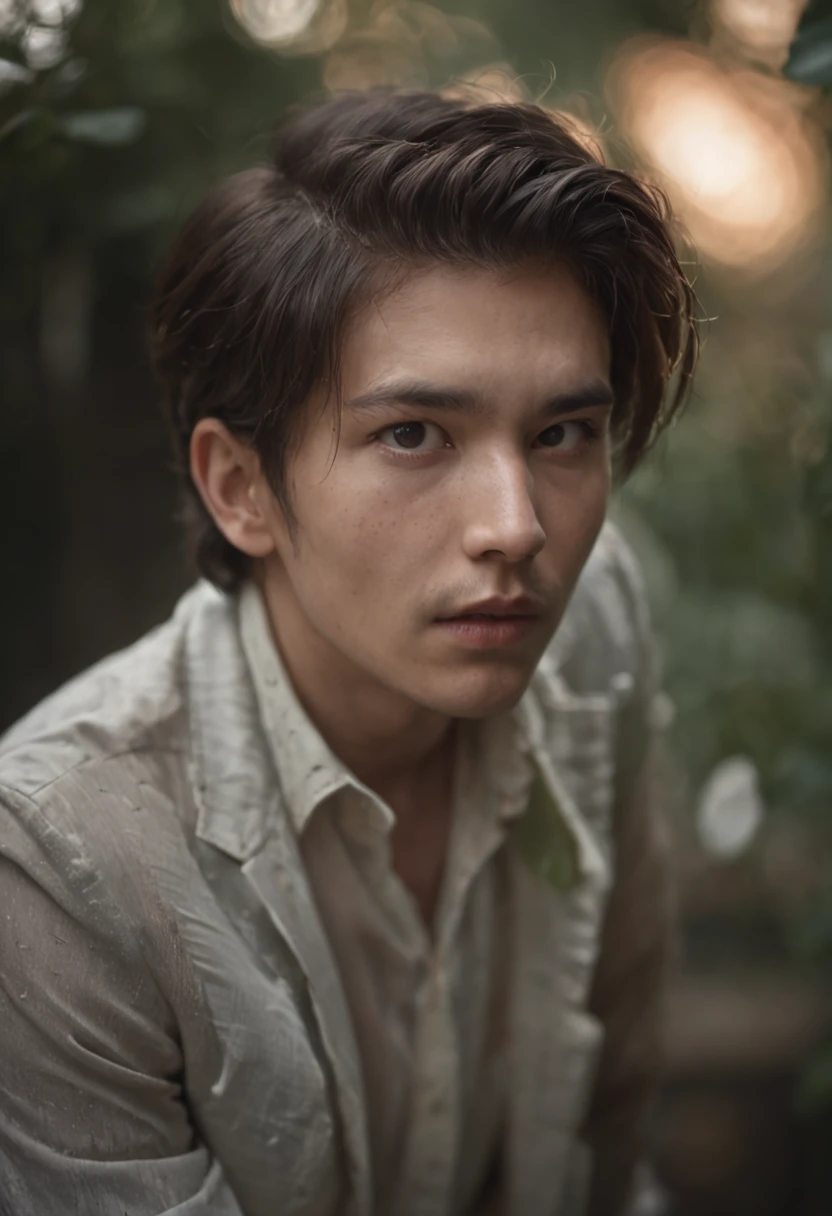 A man was shocked and surprised , Scared, Messy hair, Torn clothes, Snake, The terrifying dark jungle, Dim light, The light from the back window is backlighted