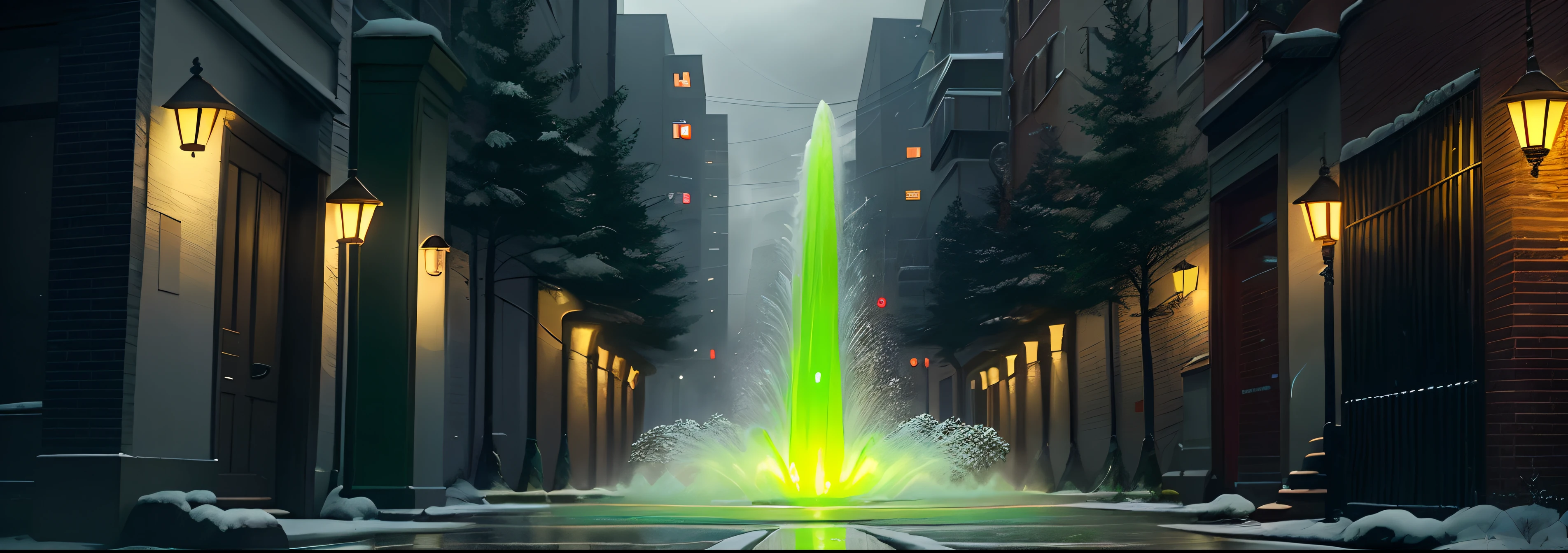 “The image represents a space full of green light, where frozen trees and static columns create a paralyzing effect. The central element is a green fountain jet surrounded by a gloomy alley. All this creates an atmosphere of mystery and anxiety.”