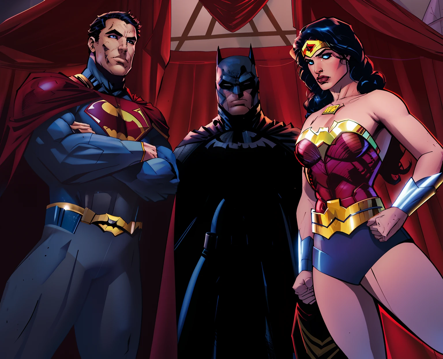 Batman e Maravilha, in the justice league, Salvando o dia novamente, menacingly!, justice league, Trindade, Captura de malha, Darkseid, tampa de tela, espreitando do seu pesado, cena poderosa, animated episode still