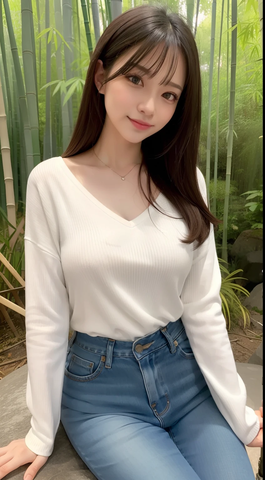 a pregirl,ssmile, looking at viewert,whitesweater,skintight jeans,photore, realisticlying, Best quality at best, 详细的脸,Detailed eyes,Sitting on a large mossy stone in a bamboo forest, diffuselighting, depth of fields