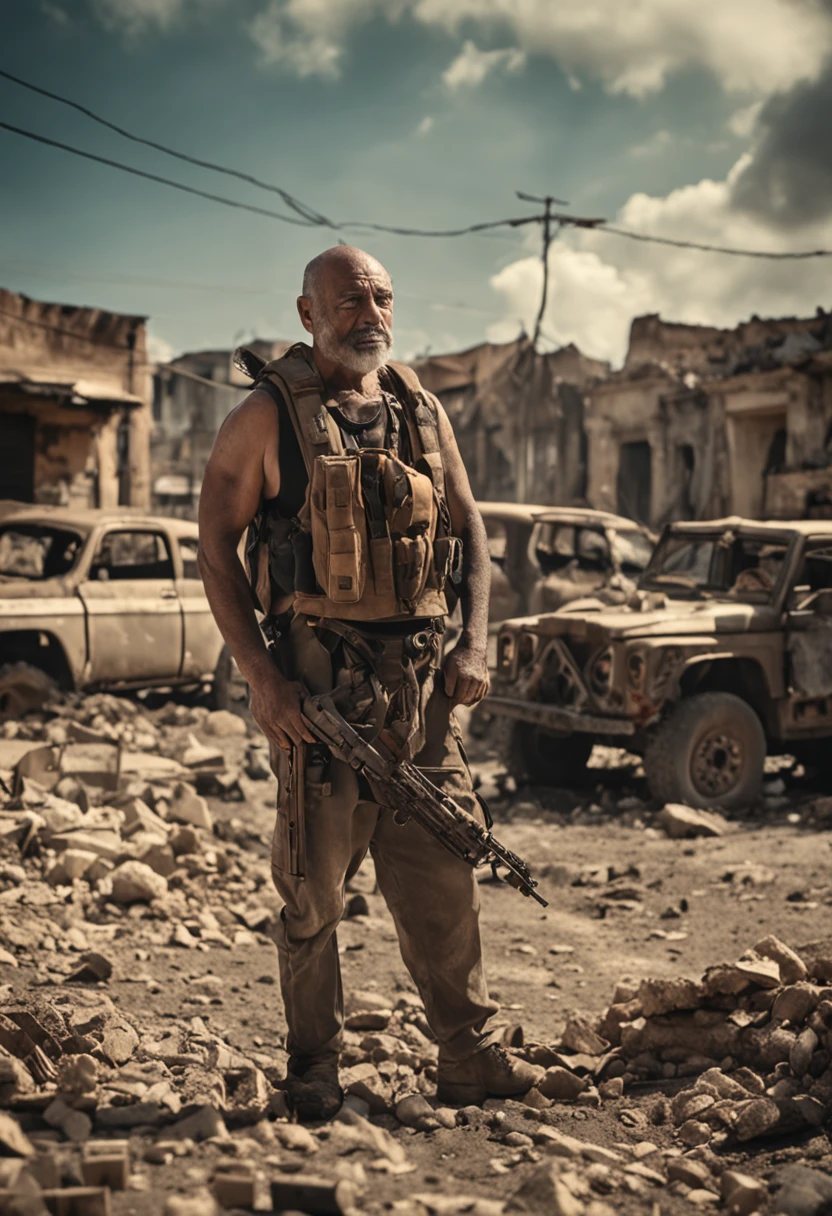 Foto RAW, A mature man in a post-apocalyptic entourage, suntan, Cruelty, Military ammunition, Trucker, high detail, background of city ruins (pele altamente detalhada: 1.2), 8k uhd, dslr, soft-lighting, alta qualidade, grain of film, Fujifilm XT3