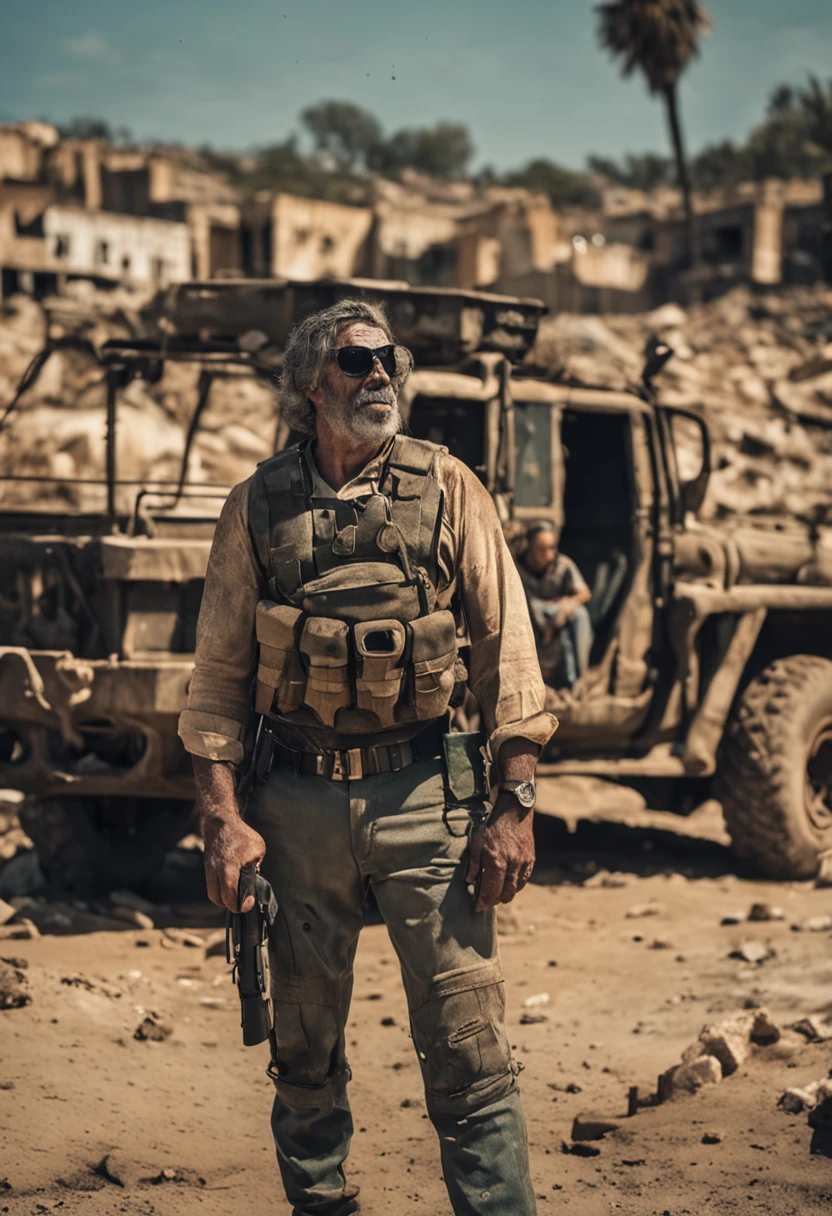 Foto RAW, A mature man in a post-apocalyptic entourage, suntan, Cruelty, Military ammunition, Trucker, high detail, background of city ruins (pele altamente detalhada: 1.2), 8k uhd, dslr, soft-lighting, alta qualidade, grain of film, Fujifilm XT3