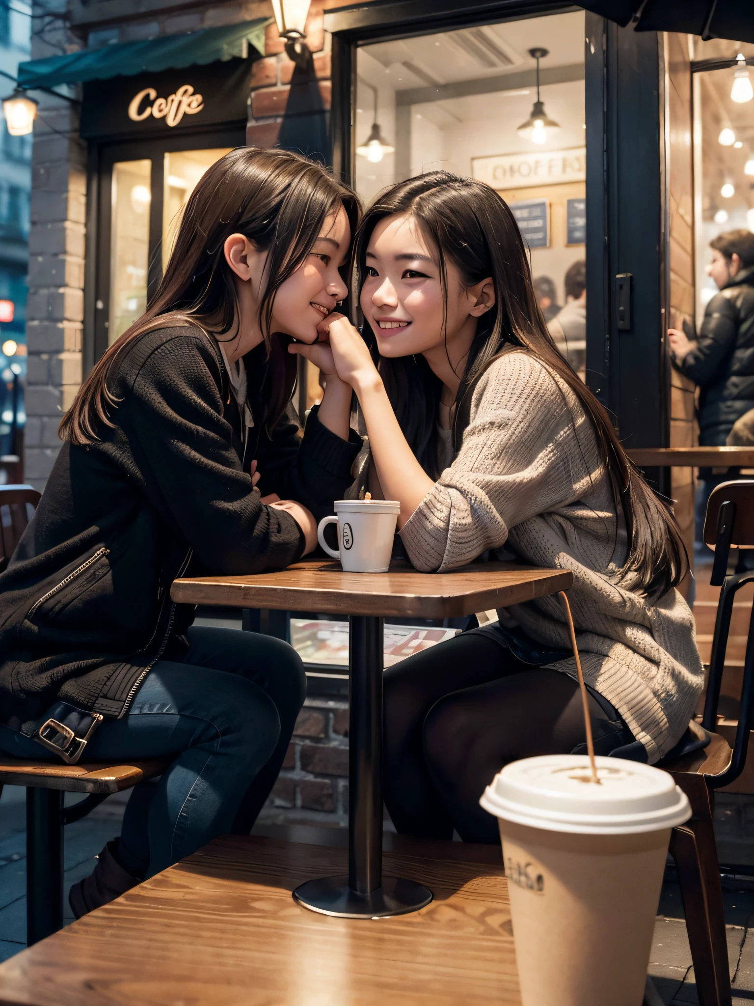 A street corner at dusk, a coffee shop I peeked into, she and hi two familiar faces smiling at each other, I pretended to be unconcerned and joined them, I looked at you passionately across the table. (Best quality), (masterpiece:1.3), ultra-detailed, sharp shadows, great detail, depth of field, super detailed background, out-of-focus look