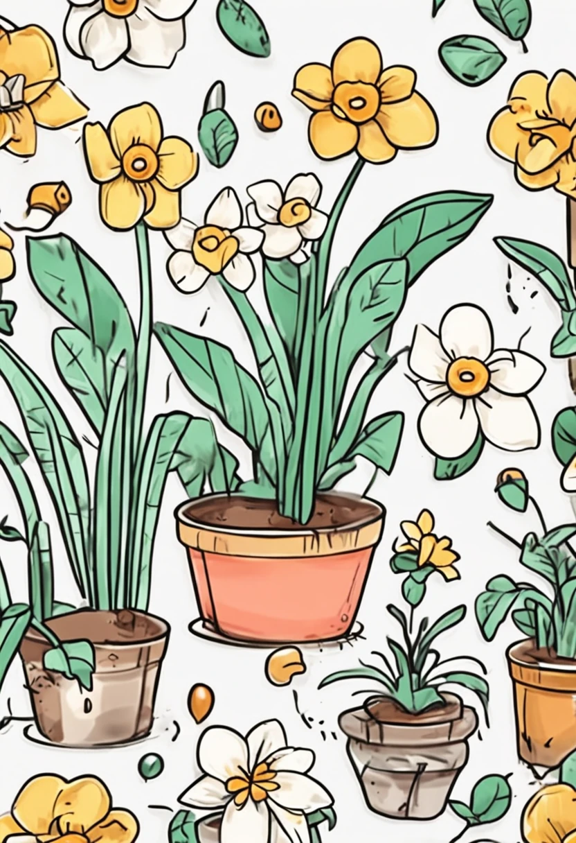 Sticker kawaii, Daffodils in pots, Drawing is simple, white backgrounid, Sticker drawing for children from 3 to 6 ,