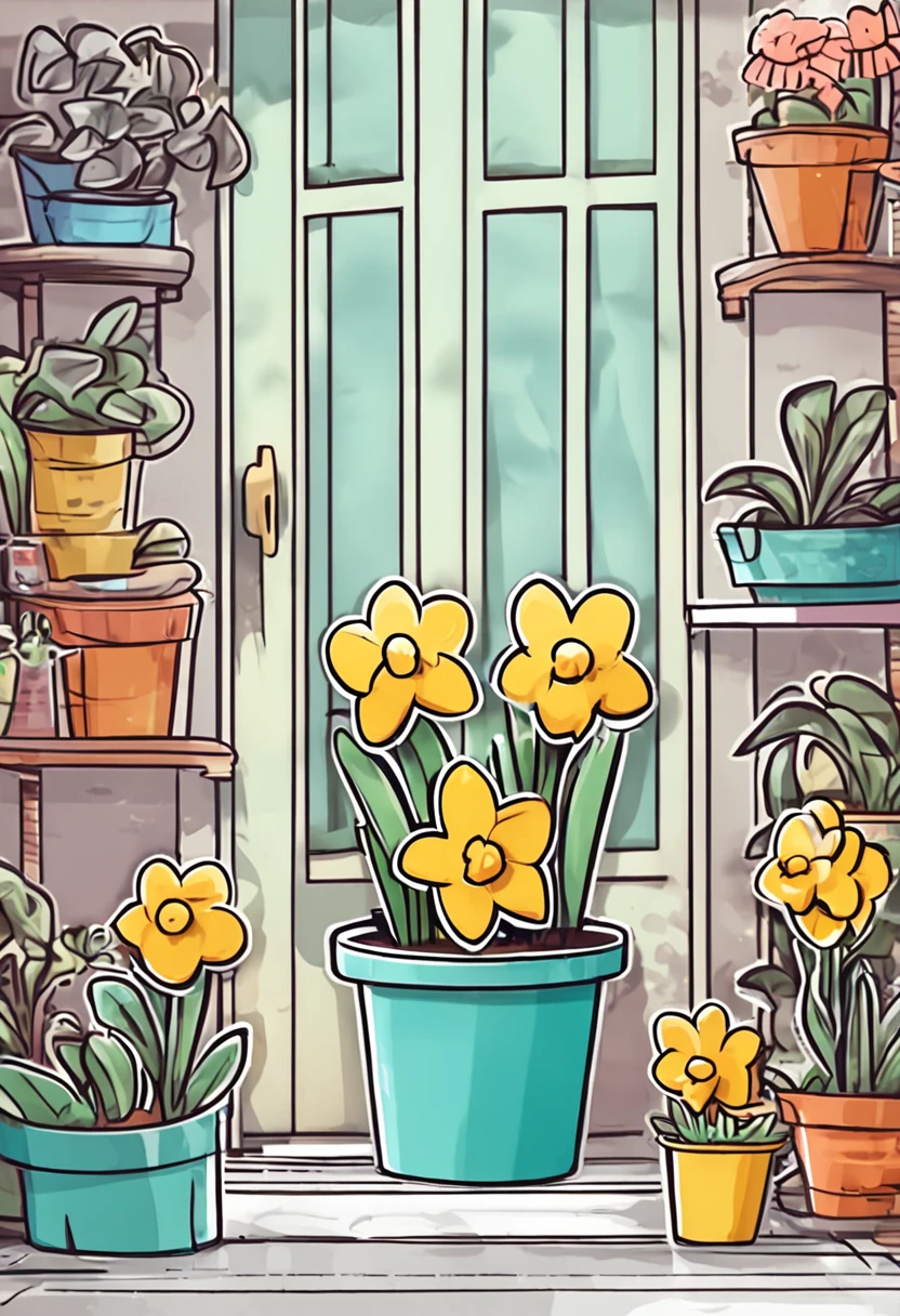 Sticker kawaii, Daffodils in pots, Drawing is simple, white backgrounid, Sticker drawing for children from 3 to 6 years old,